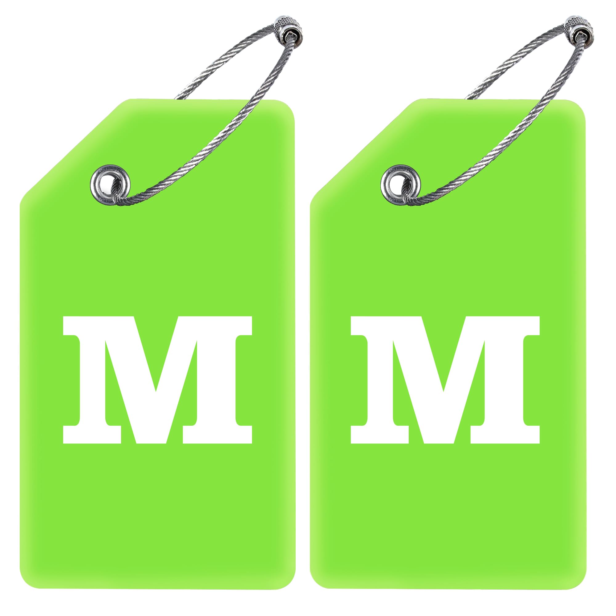 Gostwo 2 Pack Silicone Luggage Tags with 26 Initial Letters - Durable Suitcase Baggage Labels for Travel, Handbags, School Bags & Instrument Cases - Stainless Steel Loop (Green, Letter M) - Perfect for Airports, Hotels & Business Trips
