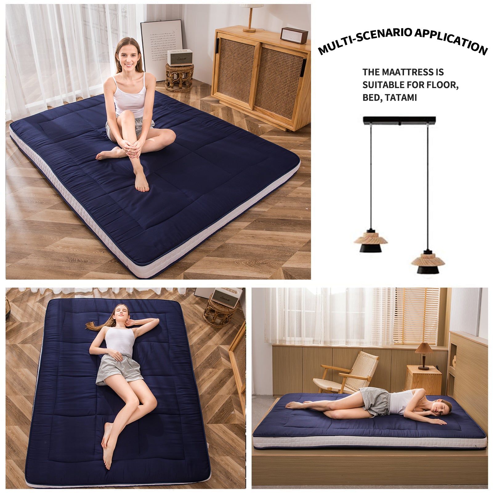 MAXYOYO Japanese Floor Futon Mattress - Thick Padded & Portable Navy Blue Floor Bed for Guest Room, Dorm, Camping & Travel