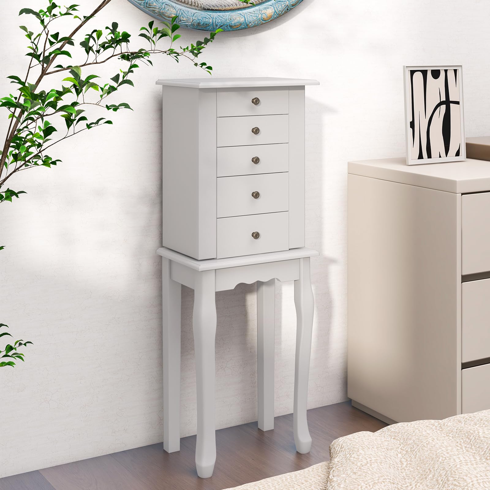 GOFLAME Standing Jewelry Cabinet Armoire with Flip Mirror, 4 Drawers & 8 Necklace Hooks - White Jewelry Storage Organizer for Bedroom, Vanity & Closet - Perfect for Necklaces, Rings, Earrings & Bracelets Organization
