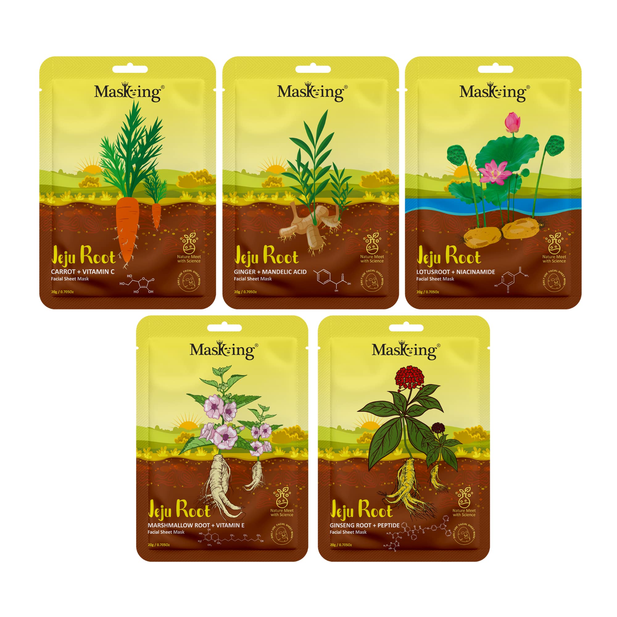 Jeju Root Brightening & Nourishing Face Sheet Mask for Men & Women - Hydrating Skin Care Treatment - Pack of 5 - Perfect for Daily Skincare Routine & Spa Night