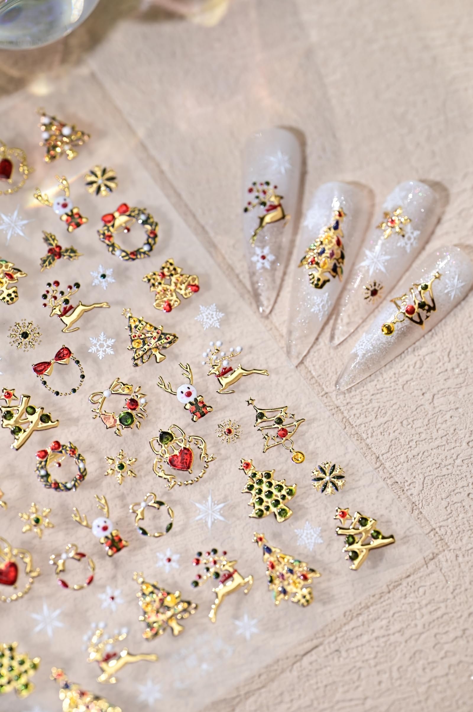 5D Embossed Shiny Gold Christmas Tree Nail Art Stickers - Elk Wreath Snowflake Nail Decals for Women & Girls - Winter Holiday Manicure DIY Supplies (Perfect for Christmas Parties, Gift Giving & Festive Nail Designs)