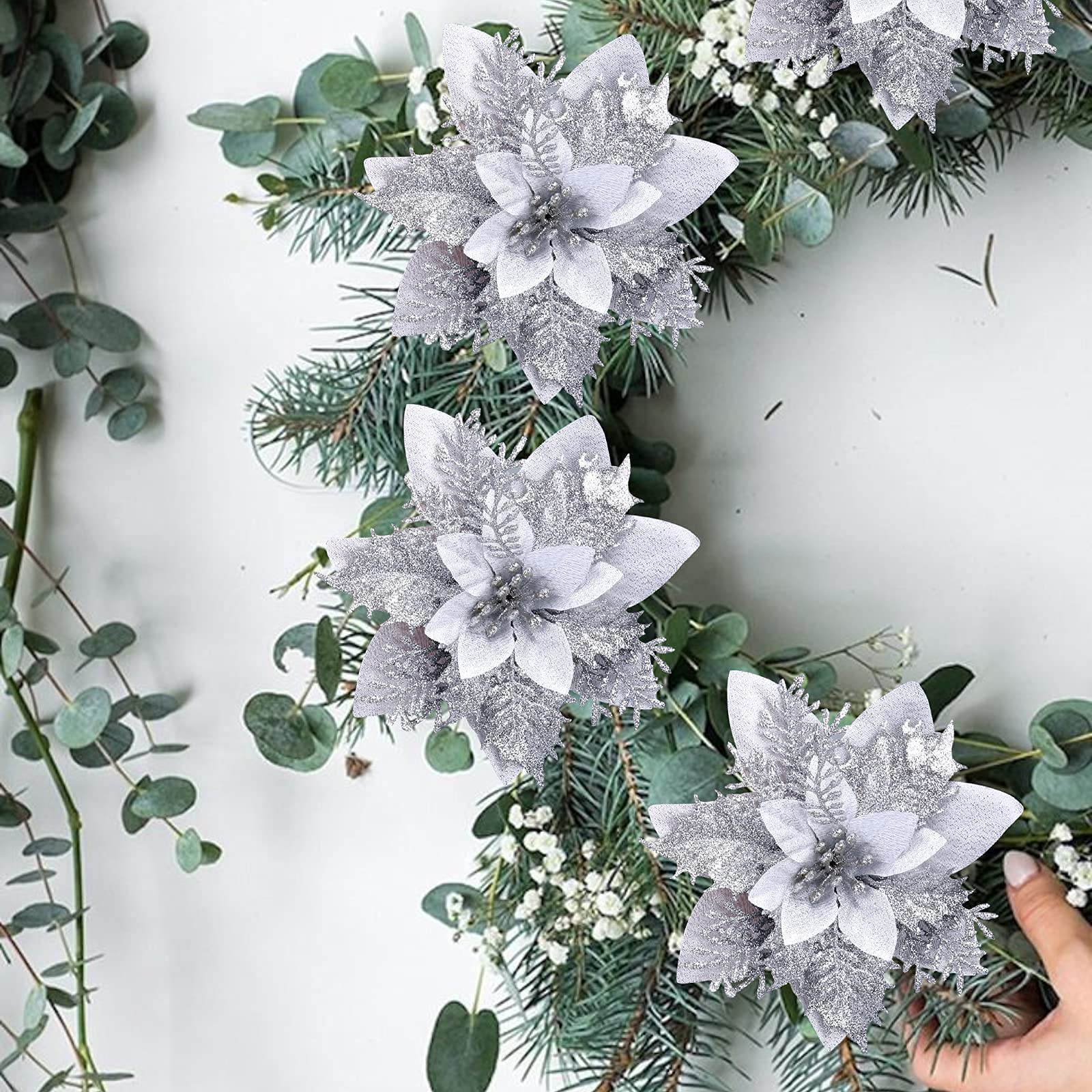 12 Pack Christmas Poinsettia Flowers with Clips & Stems - Glitter Silk Floral Picks for Holiday Decorations, Wreaths, Tree Ornaments, Table Centerpieces & Party Decor (Silver) - Perfect for Christmas, Home, Office & Festive Celebrations