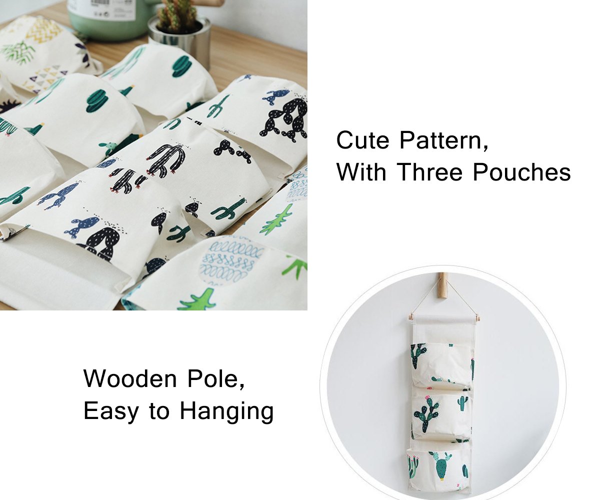 KRLIFCSL Cactus Wall Door Closet Hanging Storage Bag - 3 Pocket Canvas Fabric Over The Door Organizer Pouch, 2 Pack (Cactus) - Perfect for Bedroom, Bathroom, Closet & Entryway Organization