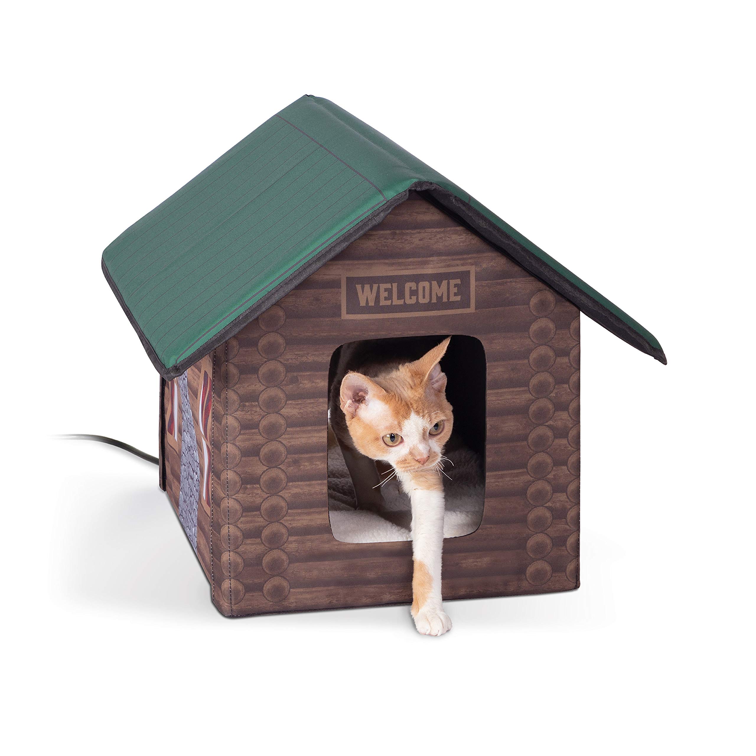 Heated Outdoor Cat House for Winter - Weatherproof & Insulated Shelter with 2 Doors & Waterproof Heated Bed | Safe for Feral Cats | K&H Pet Products Log Cabin 20W | Perfect for Backyards, Garages & Cold Weather Protection