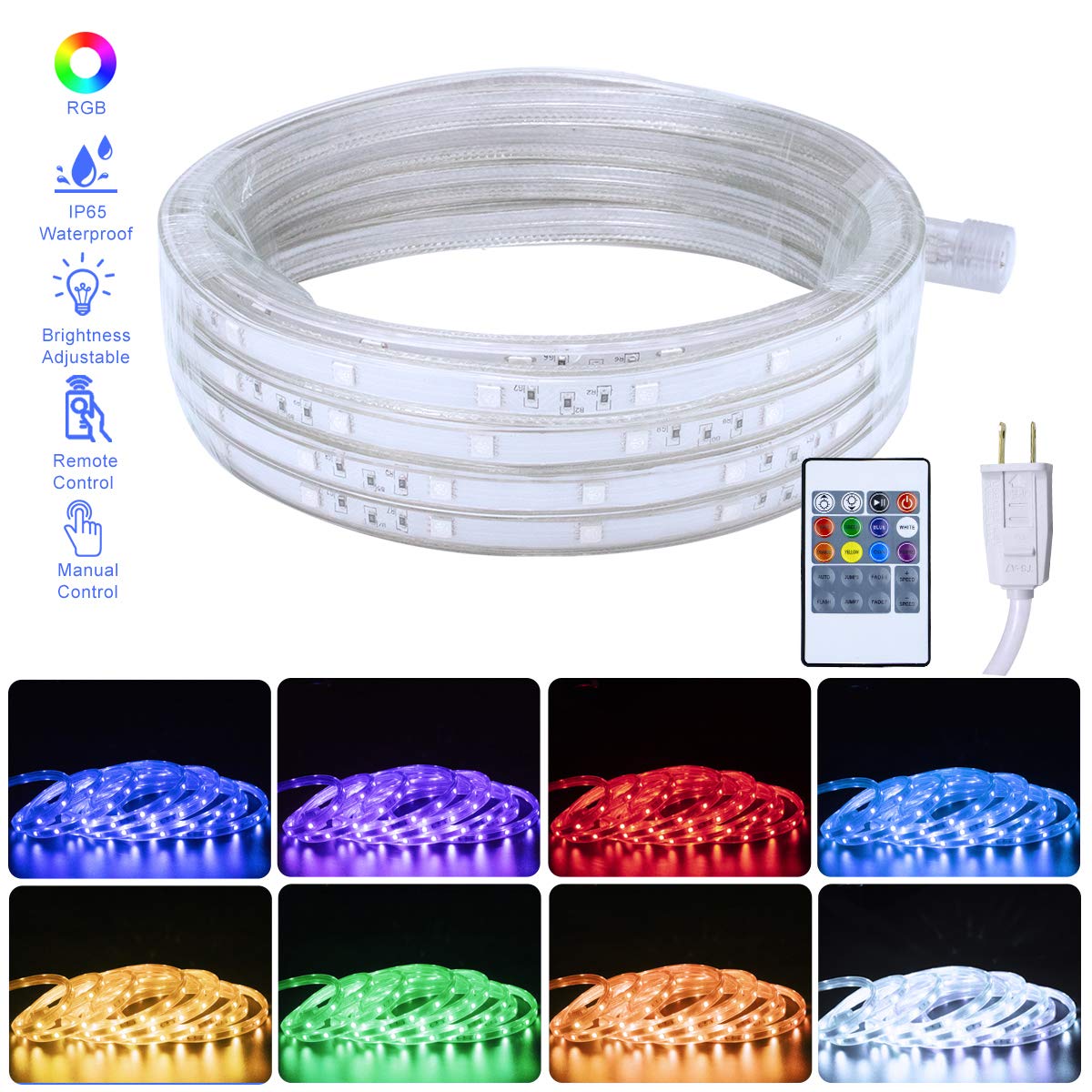 AZIMOM 48ft RGB LED Rope Lights - Waterproof Outdoor/Indoor Strip Lighting with Remote Control, 8 Color Changing Modes for Party, Christmas, Patio & Home Decoration