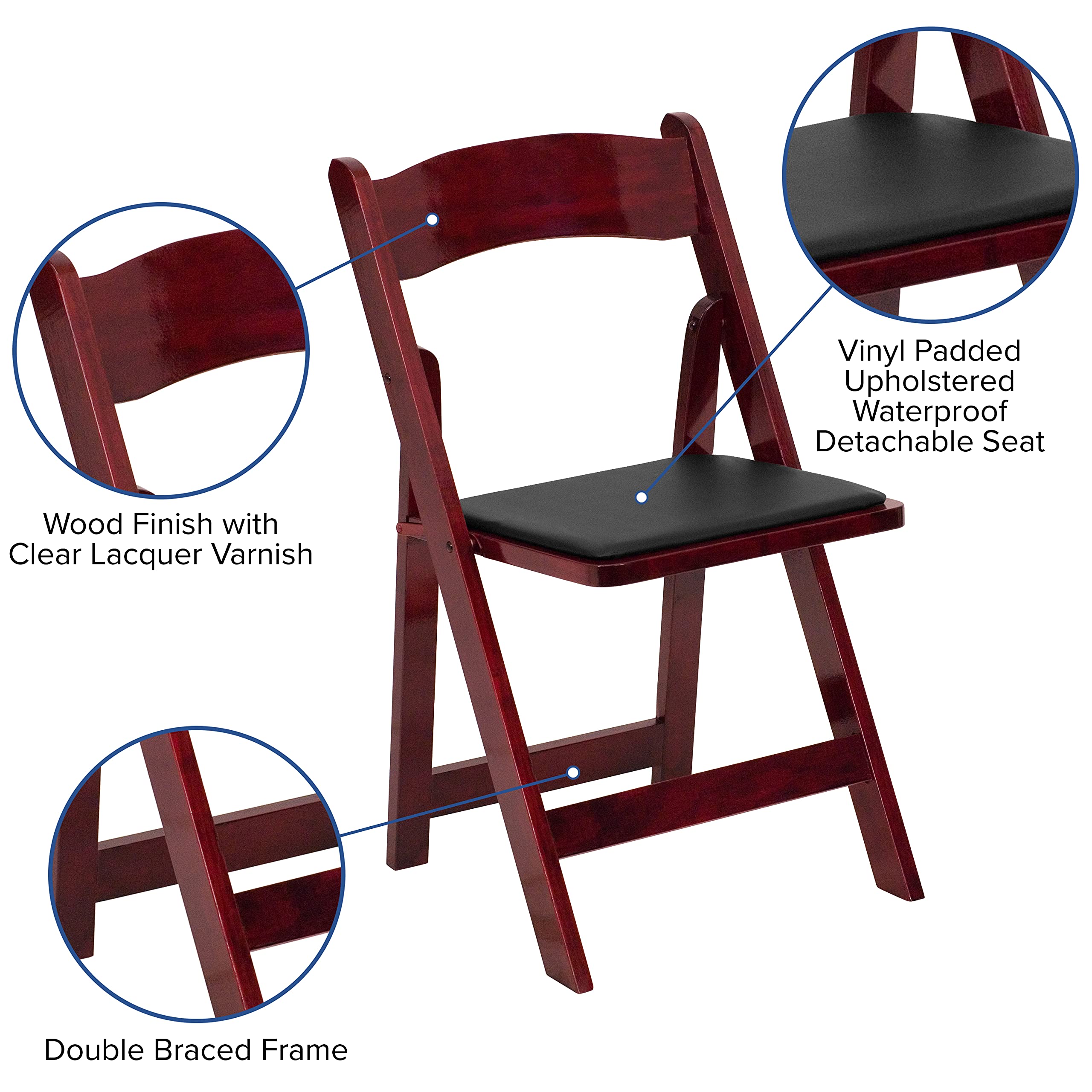 EMMA + OLIVER 2 Pack Mahogany Wood Folding Chairs with Vinyl Padded Seat - Sturdy & Comfortable Portable Chairs for Dining, Parties, Weddings & Outdoor Events
