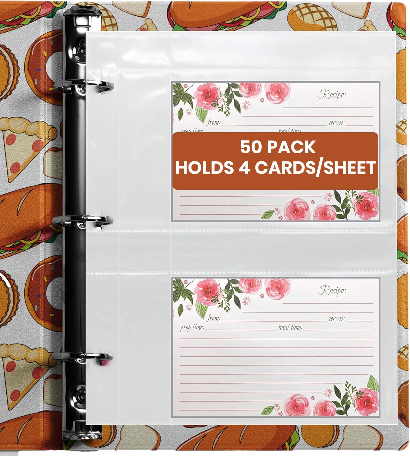 50-Pack Clear 4x6 Inch Recipe Card Protectors - 4 Pocket Sheets for 3-Ring Binders | Refillable Recipe Book Organizer | Perfect for Kitchen, Meal Planning & Recipe Collection