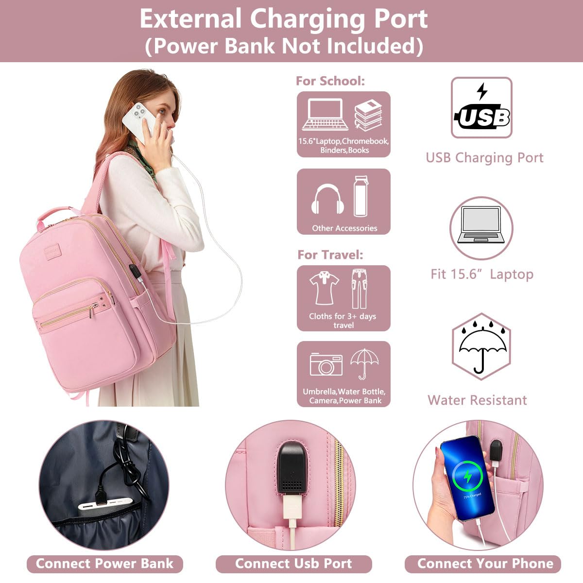 Stylish Pink 15.6 Inch Laptop Backpack for Women - Anti-Theft Waterproof College & Travel Backpack with USB Charging Port - Perfect for Work, Business Trips, School & Daily Commute