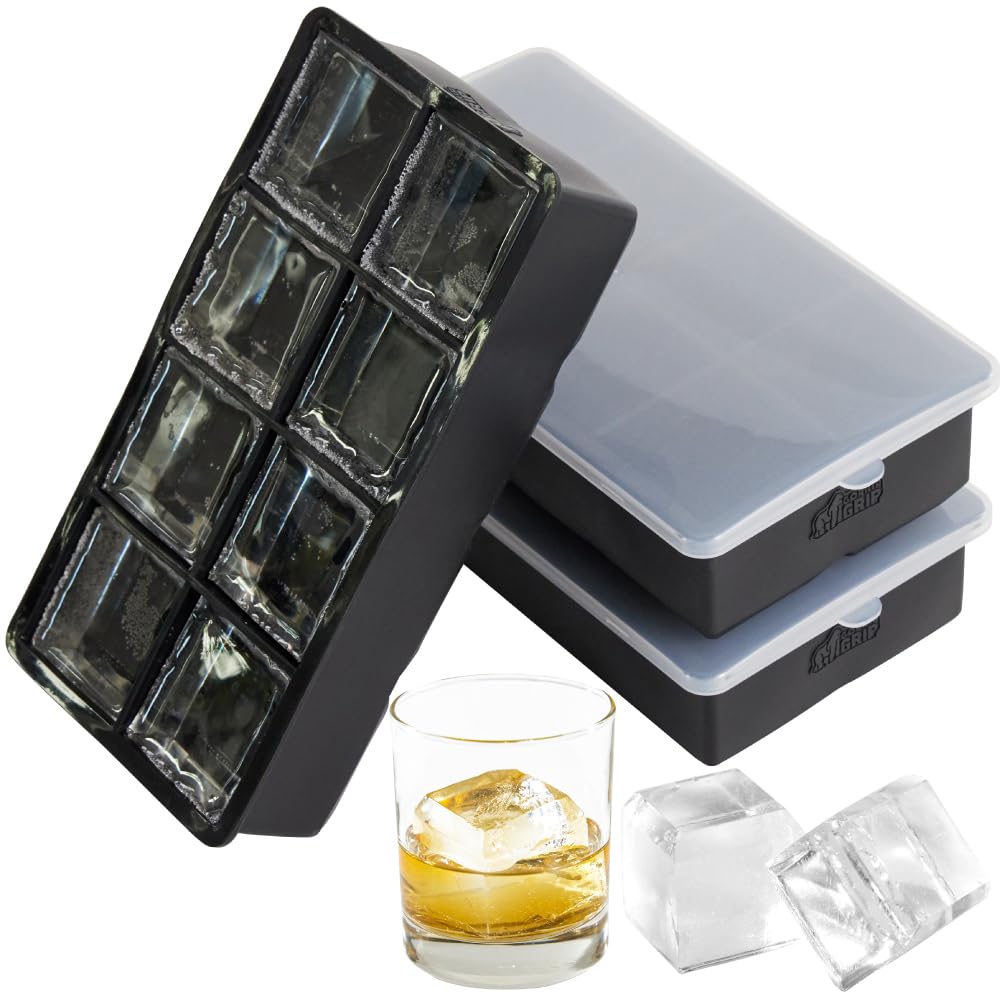 GORILLA GRIP Large Silicone Ice Cube Tray for Freezer - 2 Pack Stackable with Lid, Easy Release Mold for 8 Giant Square Slow-Melting Ice Cubes - Perfect for Whiskey, Iced Coffee & Cocktails - Essential Bar & Kitchen Accessory (Black)
