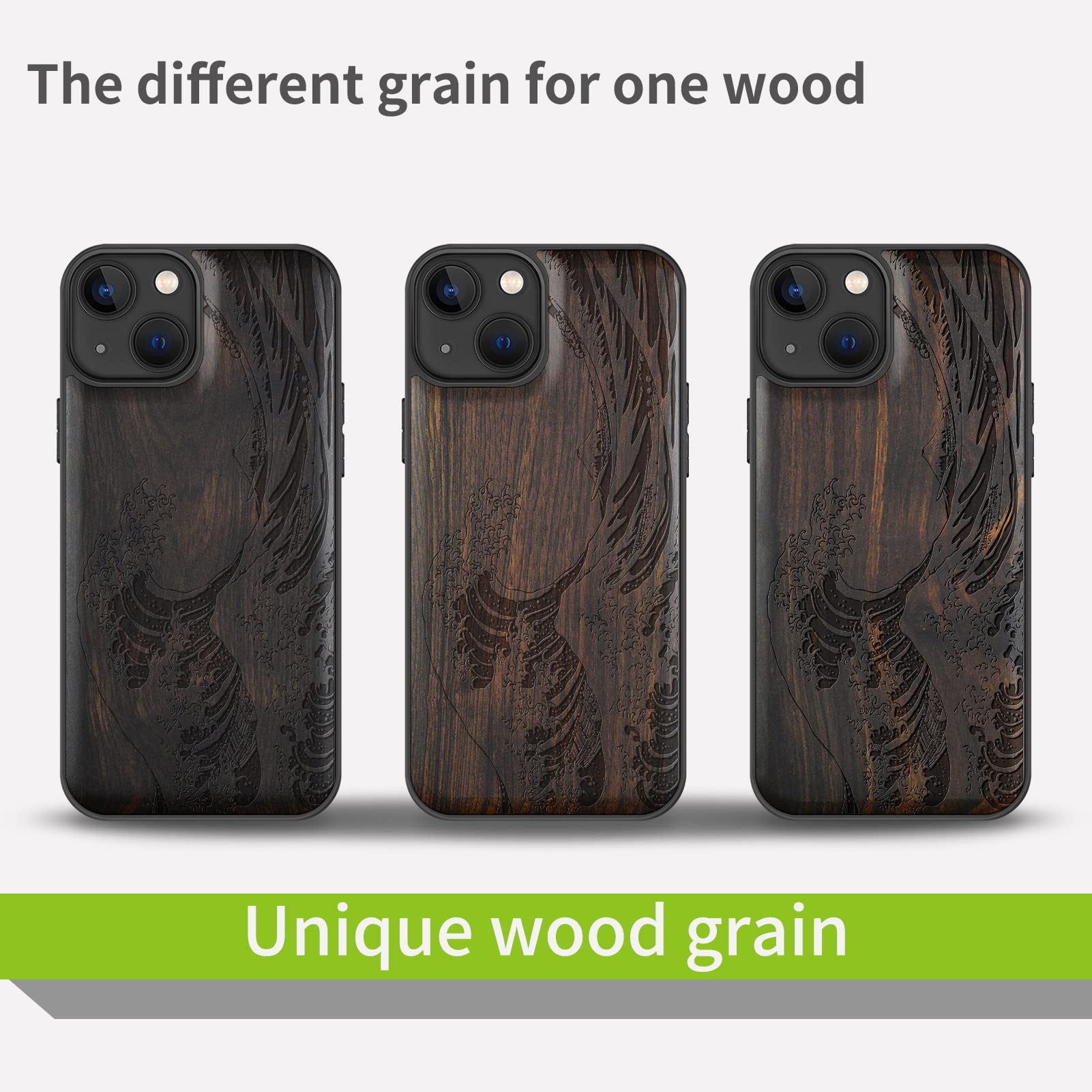 Carveit Magnetic Wooden Case for iPhone 13 - Natural Wood & Soft TPU Shockproof Protective Cover - MagSafe Compatible Wood Phone Case (The Great Wave Off Kanagawa - Blackwood) - Perfect for Outdoor Adventures & Business Meetings