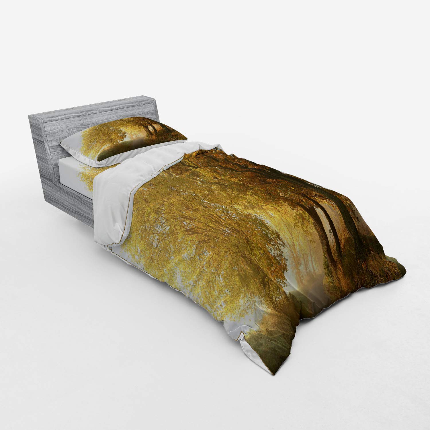 Ambesonne Autumn Duvet Cover Set - Misty Countryside Landscape Design with Sham & Fitted Sheet, 3-Piece Twin XL Bedding in Green & Yellow | Cozy Fall Bedroom Decor for Farmhouse & Rustic Home Style
