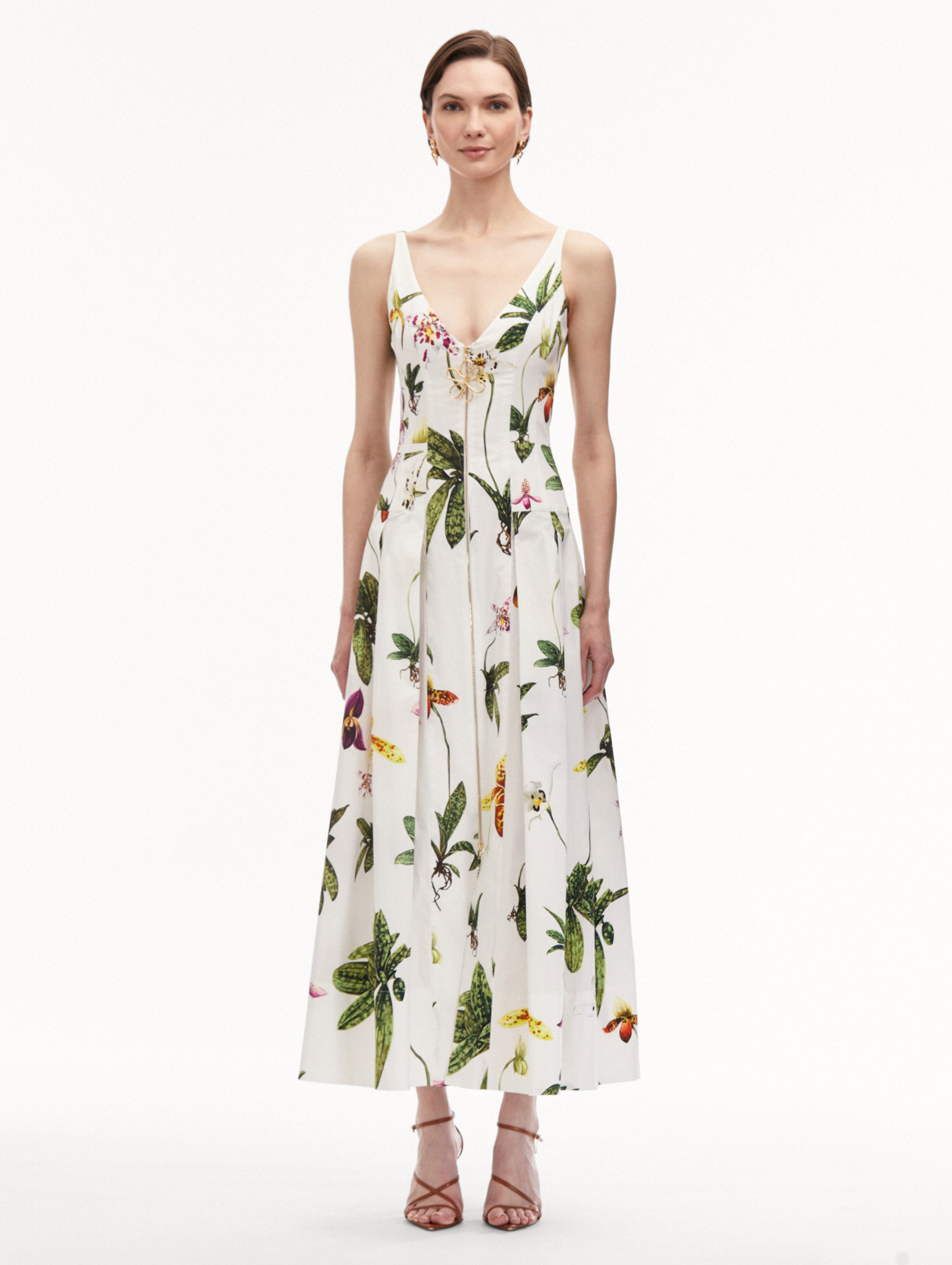 Orchid Zip Front Cotton Poplin Dress - Women's Floral Summer Casual Dress for Brunch, Wedding Guest & Vacation | Lightweight Breathable A-Line Style