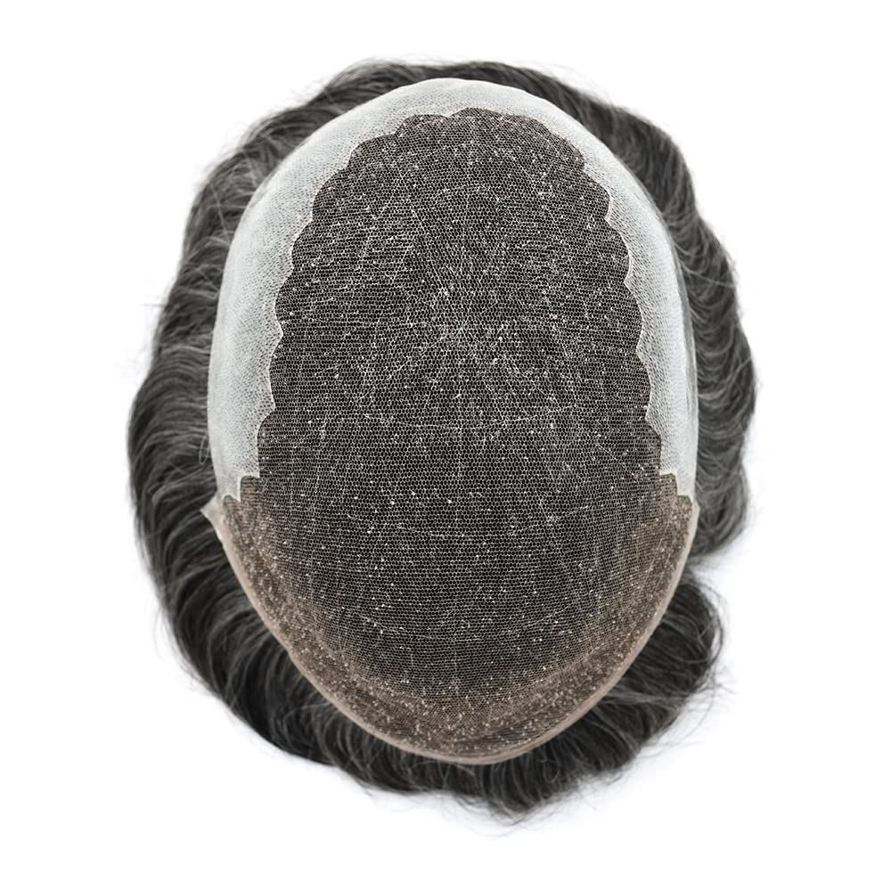 100% European Real Human Hair Toupee for Men - Swiss Lace Front Hair System with Bleached Knots | Dark Brown + 50% Gray | 8x10 Inch | 100% Density | Hair Replacement Solution for Thinning Hair & Baldness | Perfect for Daily Wear, Special Occasions & Professional Settings