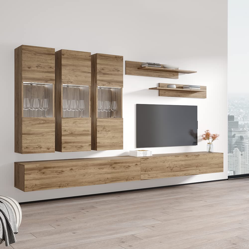 Modern Oak Floating TV Stand with Storage & LED Lights - Wall-Mounted Entertainment Center for Living Room & Bedroom - Space-Saving Media Console with Shelves - Perfect for Small Apartments & Home Theaters