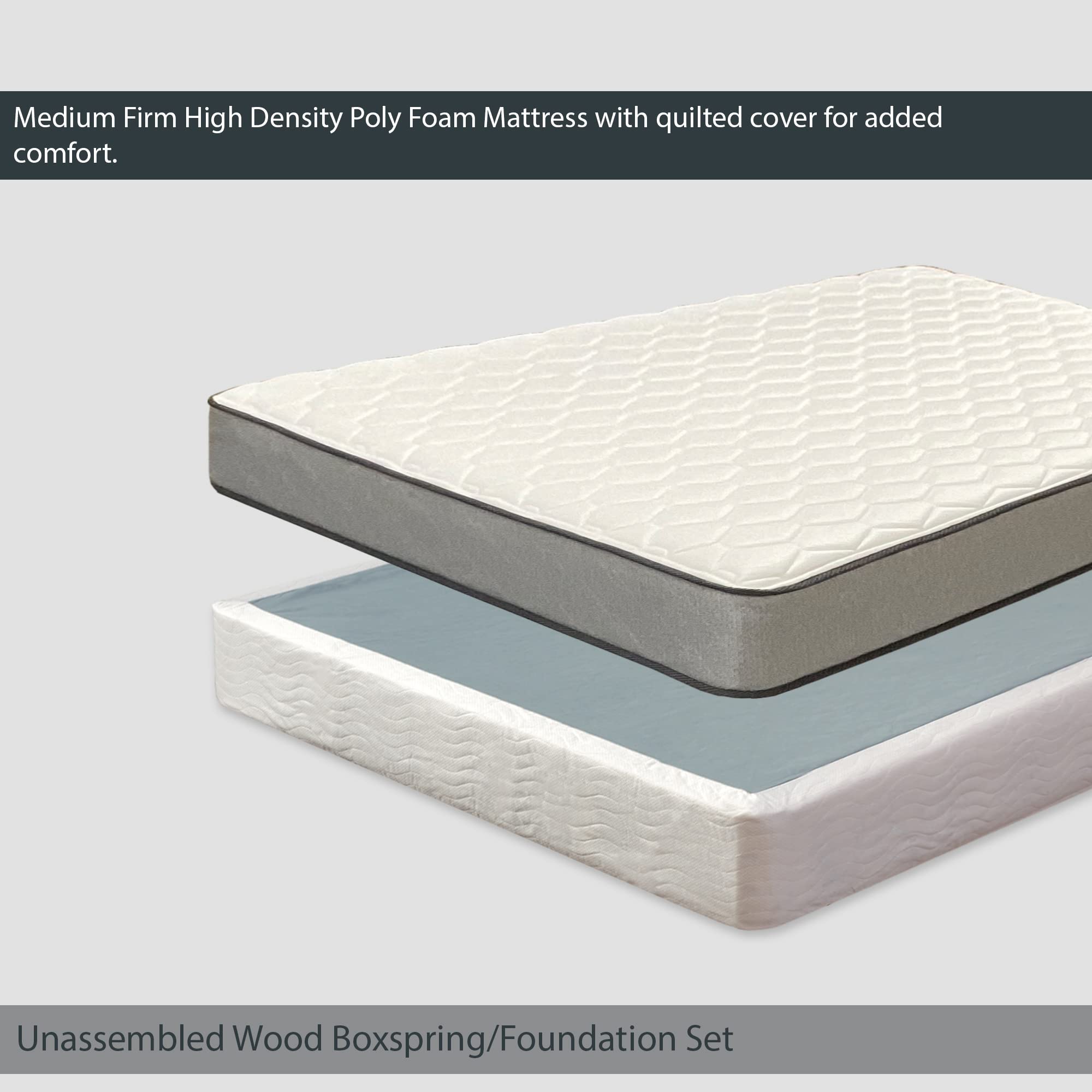 Medium Firm 7-Inch High Density Poly Foam Mattress with 5-Inch Unassembled Wood Box Spring Foundation Set - Queen Size Beige | Bedroom Upgrade for Comfortable Sleep & Guest Room Essentials