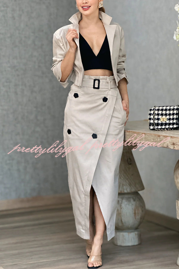 Elegant Work Style Lapel Long Sleeve Blazer & Button Belt Pocketed Slit Midi Skirt Set - Professional Office Outfit for Women | Business Casual Attire for Work, Meetings & Formal Events