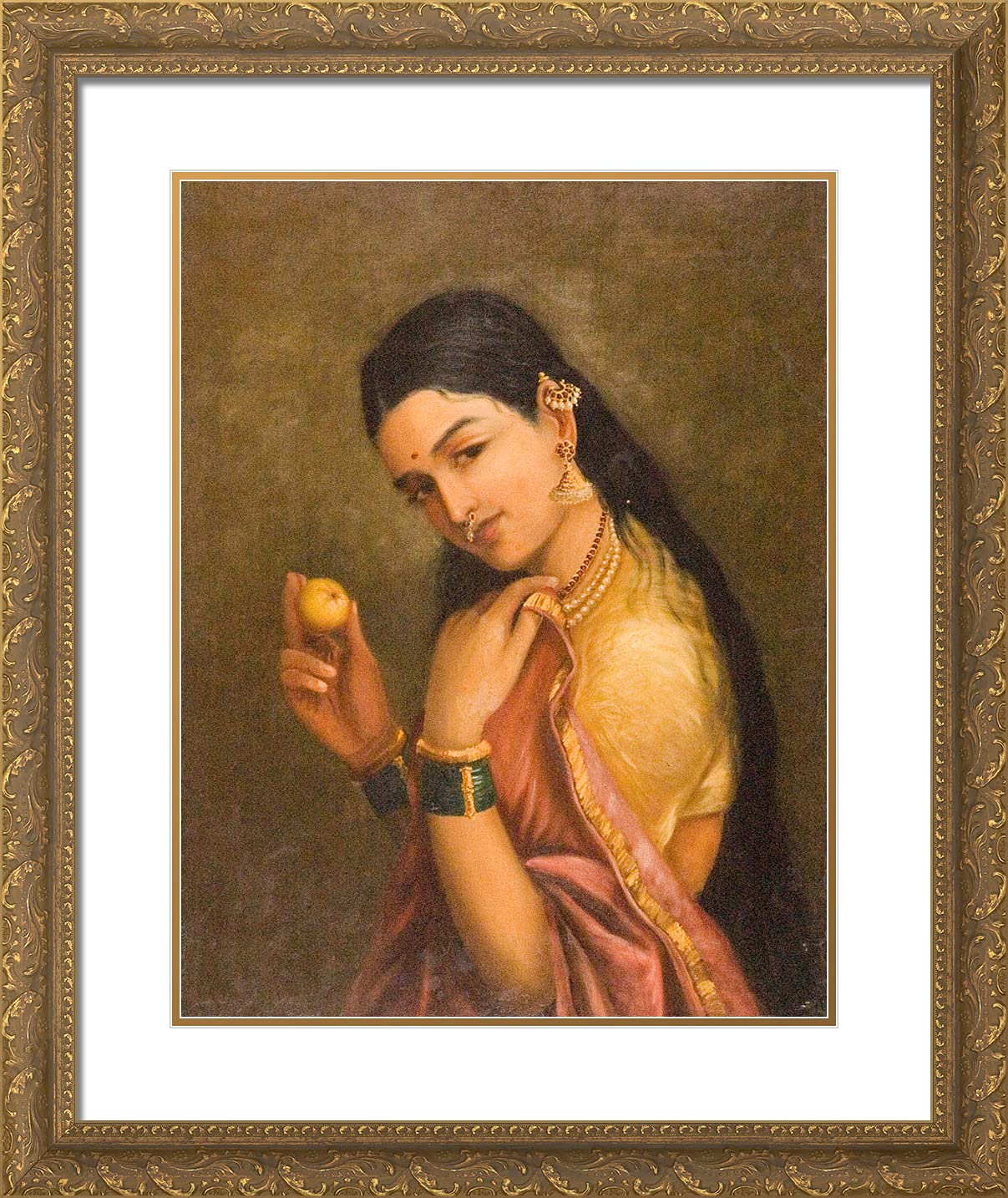 Raja Ravi Varma Gold Ornate Framed Art Print - 20x24 Inch Vintage Indian Painting with Double Matting, Woman Holding Fruit - Perfect for Living Room Decor, Office Wall Art & Indian Home Interiors