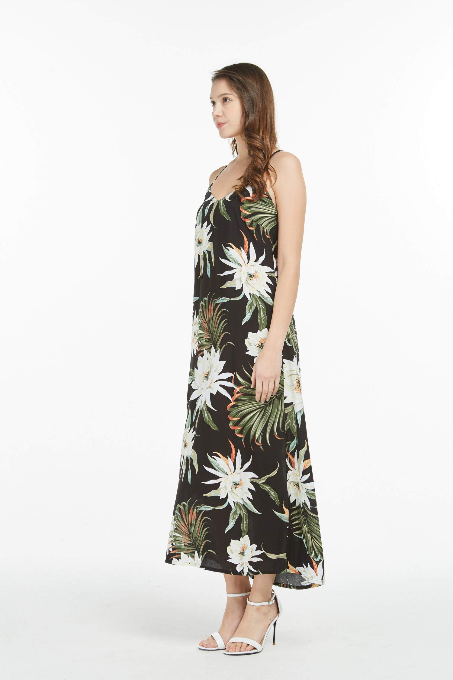 Hawaiian Luau Maxi Dress for Women - Floral Sweetheart Neckline Black Long Dress for Beach Party, Summer Vacation & Tropical Events