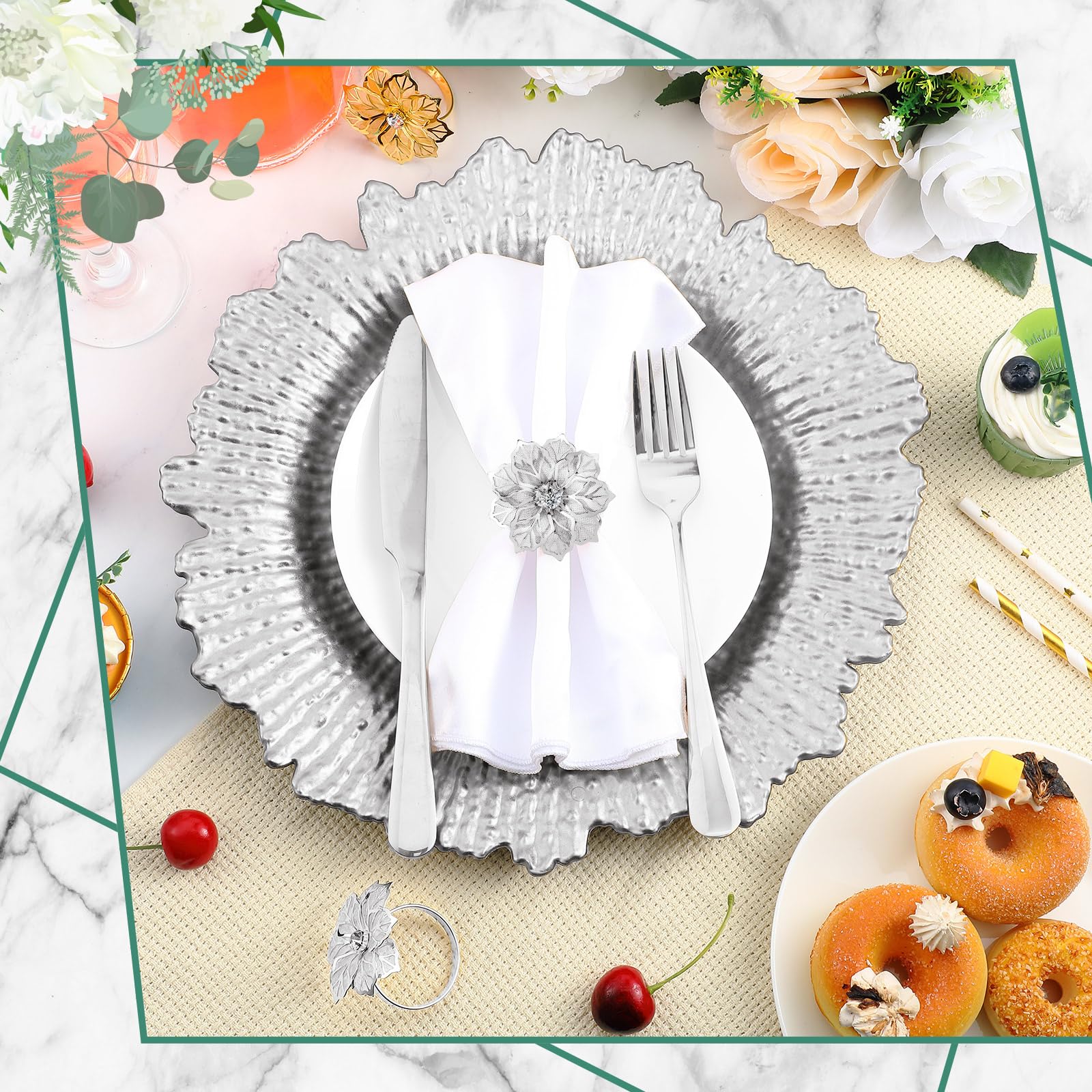 Dandat 50-Piece Silver Charger Plate Set with Floral Napkin Rings - 13 Inch Round Matte Plastic Dinner Plates for Wedding, Party & Table Decor - Elegant Hollow-Out Design for Formal Dining & Special Occasions