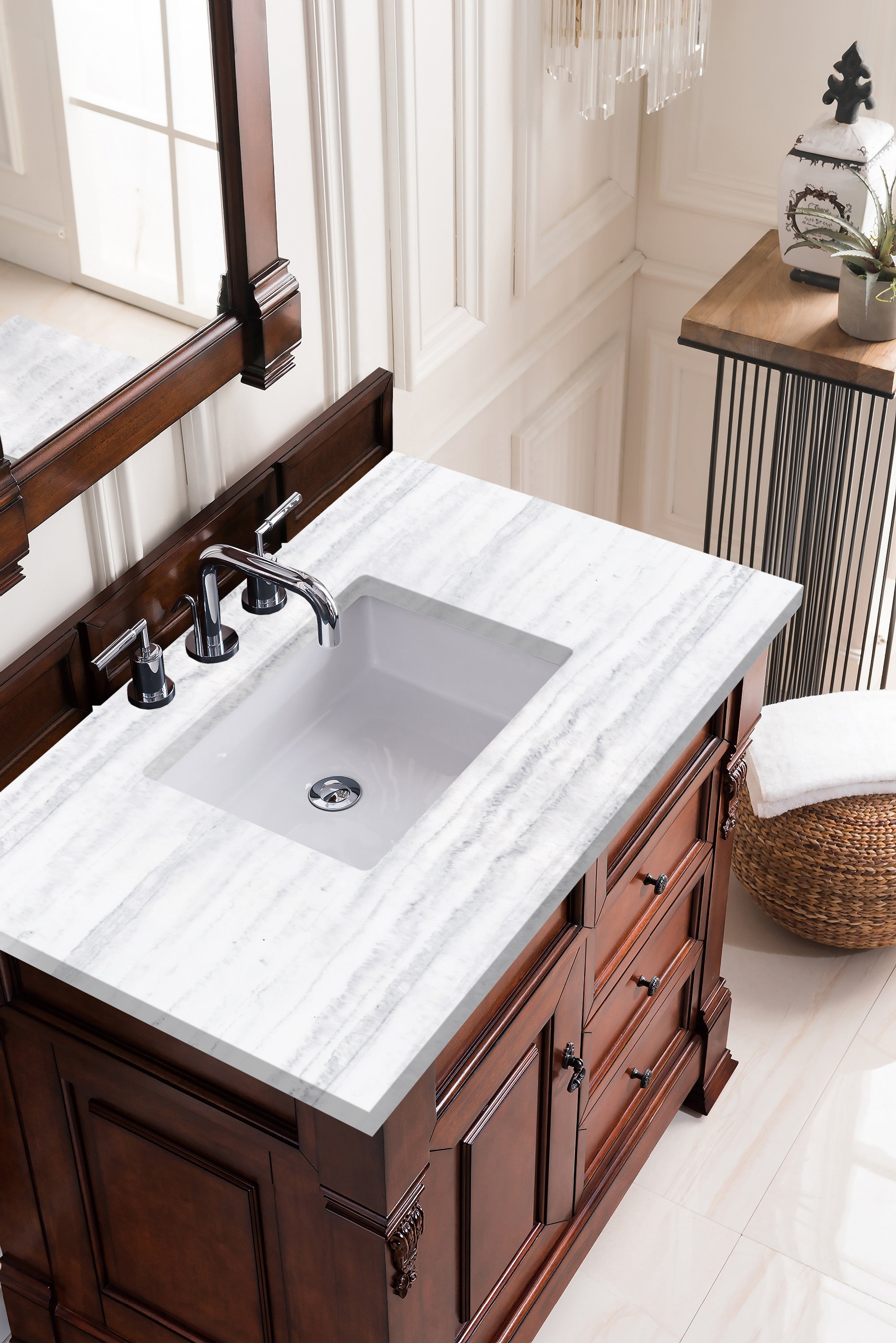 Brookfield 36 Inch Single Bathroom Vanity with Warm Cherry Finish & 3CM Arctic Fall Solid Surface Top - Perfect for Modern Home Bathroom Renovation