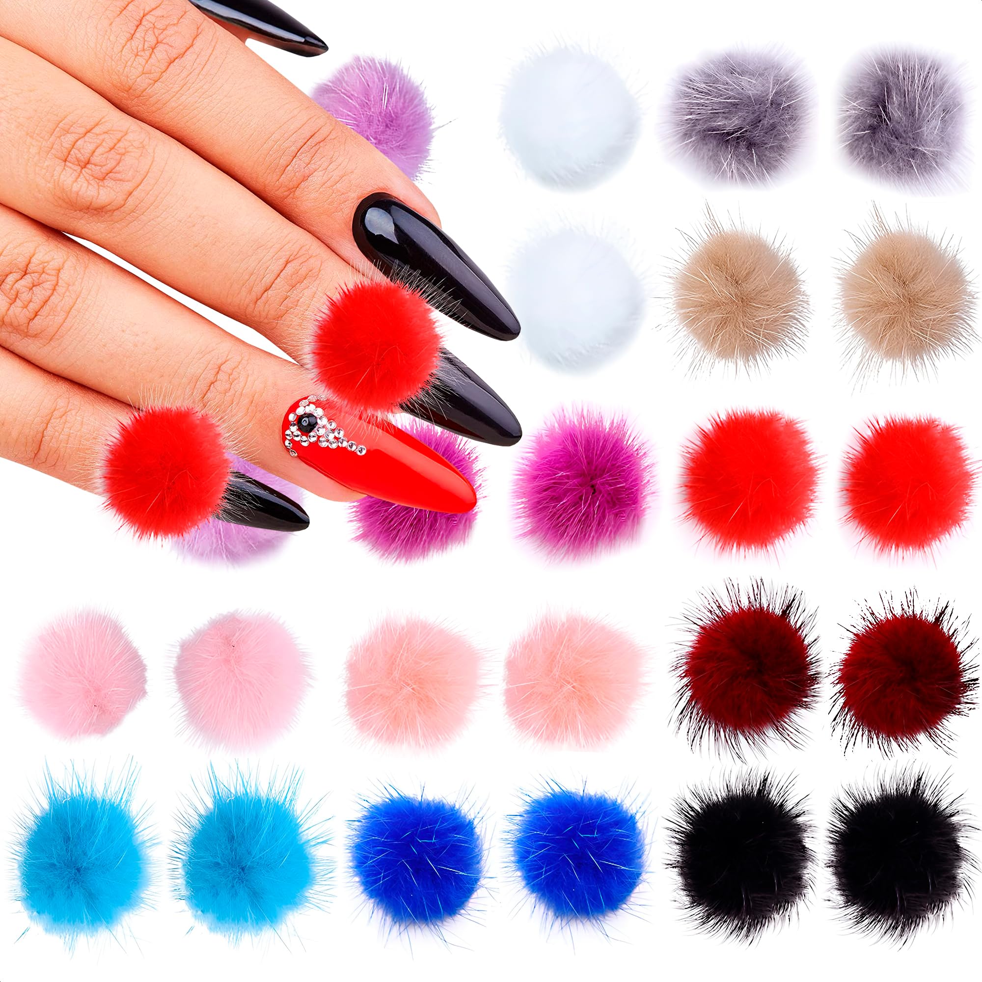 24-Piece 3D Fluffy Pom Pom Nail Art Kit - Detachable Magnetic Kawaii Nail Charms for DIY Nail Designs | Cute Nail Accessories for Parties, Weddings & Special Occasions