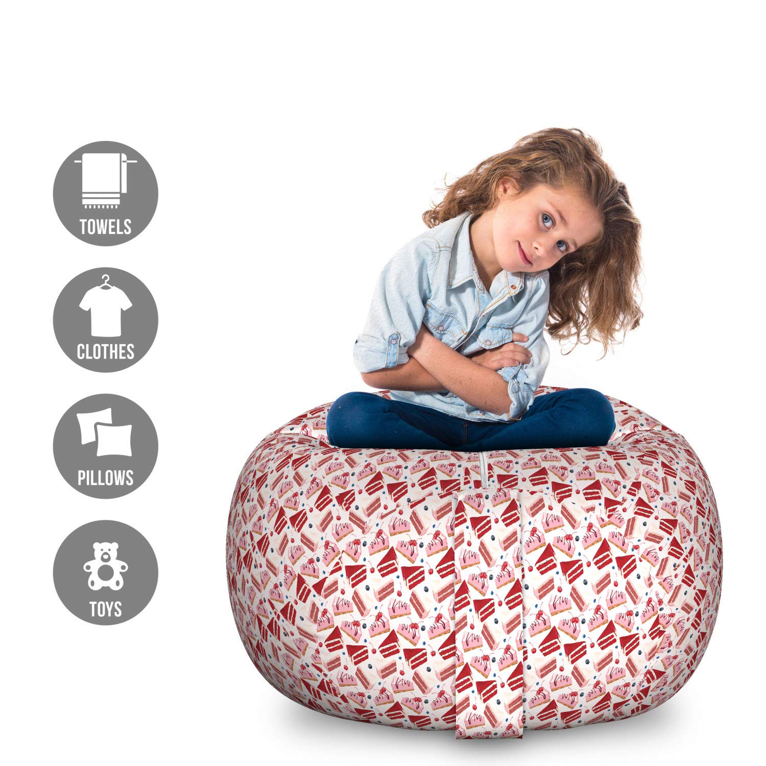 Ambesonne Dessert Storage Toy Bag Chair - Creamy Cake Slices with Cherries & Blackberries Design - Large Washable Stuffed Animal Organizer (White & Multicolor) - Perfect for Kids' Room, Nursery Storage & Playroom Organization