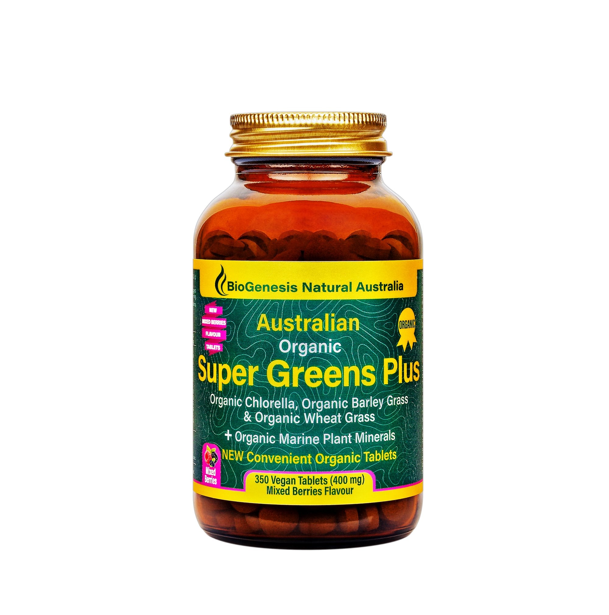 Biogenesis Australian Organic Super Greens Plus 350 Tablets - Mixed Berries Flavor | Nutrient-Rich Superfood Supplement for Energy, Digestion & Detox | Perfect for Smoothies, Juices & Daily Wellness Routine