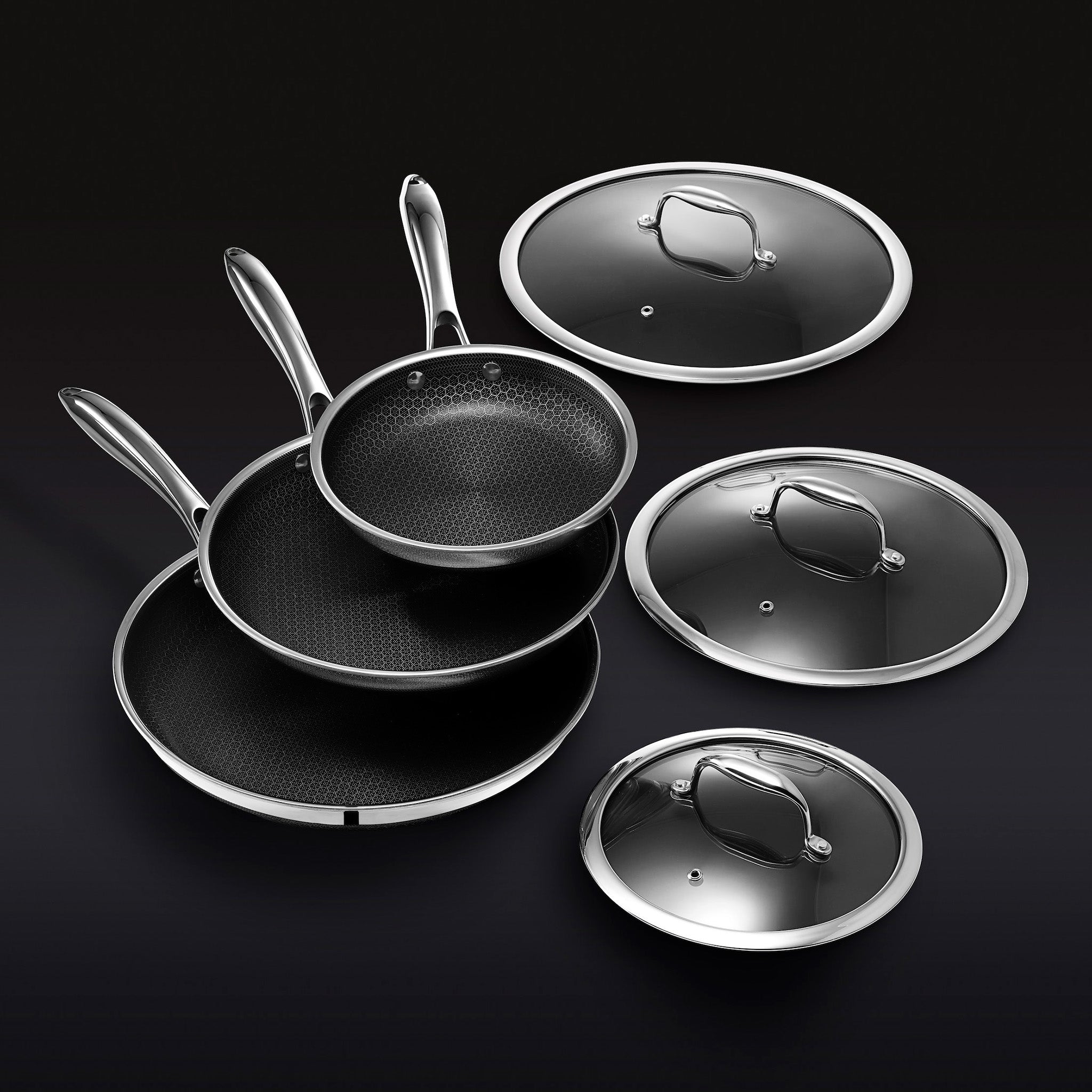 HexClad 6-Piece Hybrid Cookware Set with Lids - Nonstick Stainless Steel Pan Set for Professional Cooking - Perfect for Searing, Sautéing & Frying in Home Kitchens