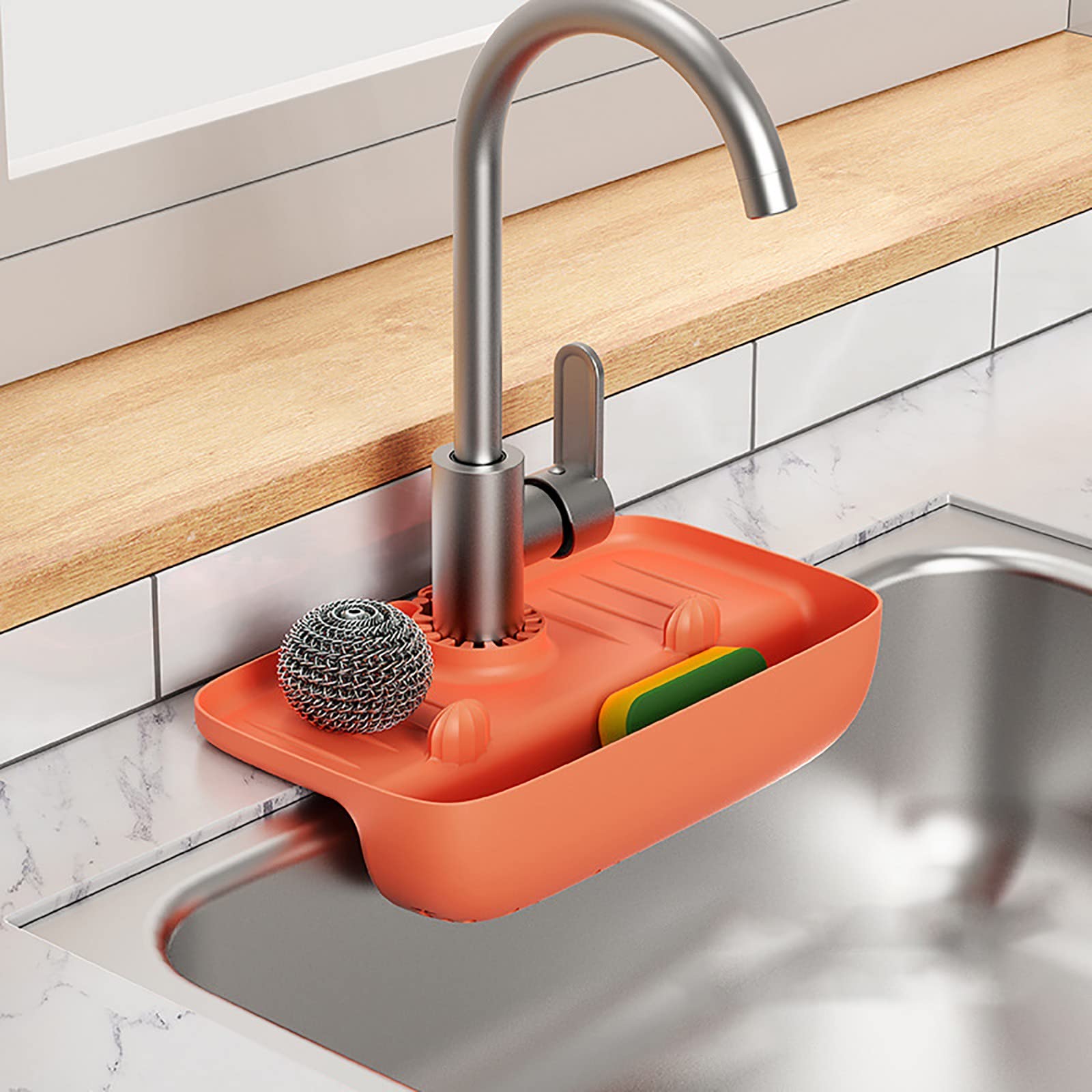 Leutsin Non-Slip Faucet Splash-Proof Draining Rack - Sink Water Collection Pad & Sponge Holder for Kitchen Countertop - Perfect for Dish Drying, Sponge Storage and Keeping Countertops Dry
