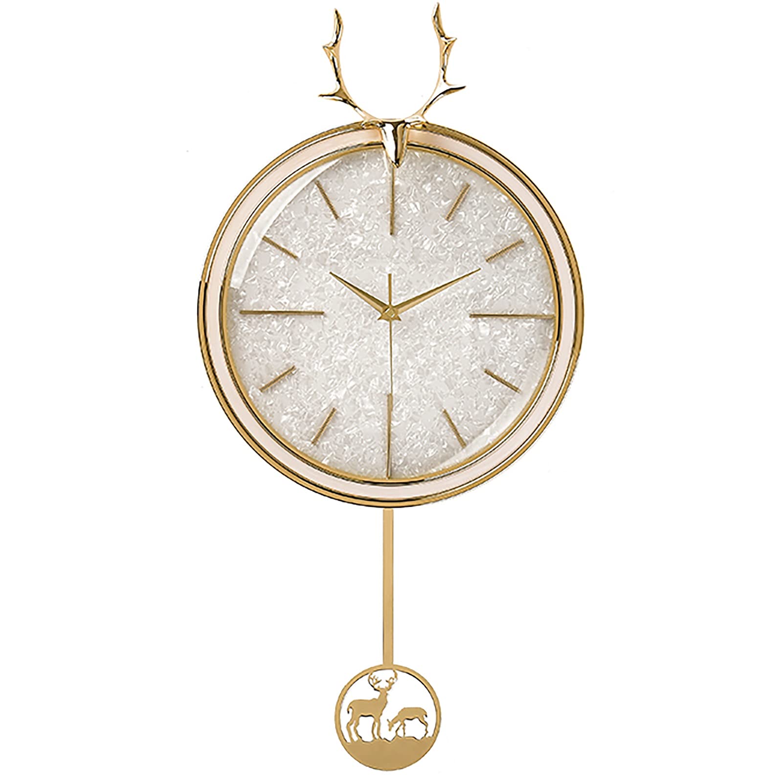 Modern Gold Wall Clock with Deer Head & Pendulum - 39cm x 75cm Round Metal Office & Home Decor Clock - Easy to Read for Living Room, Bedroom, Study & Office Spaces