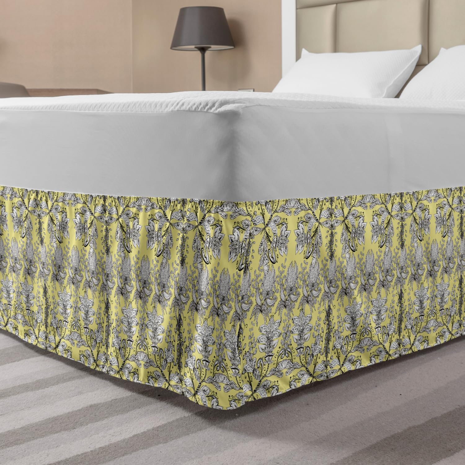 Ambesonne Bohemian Elastic Bed Skirt - Grey & Yellow Floral Leaf Swirl Design, Wrap Around Dust Ruffle for Queen Size Beds | Perfect for Bedroom Decor & Guest Room Styling