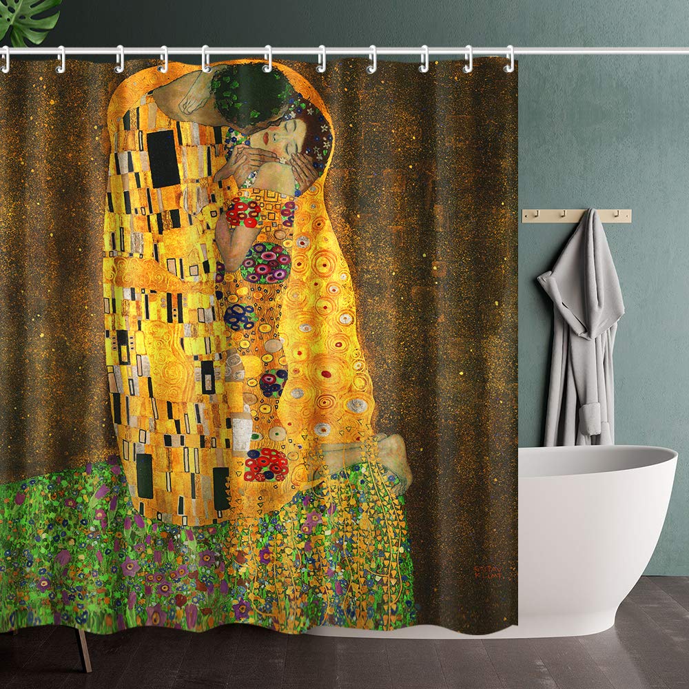 Gustav Klimt 'The Kiss' Shower Curtain Set with Hooks - Waterproof Bathroom Decor, Vintage Art Painting Design for Modern Homes | Perfect for Master Bath, Guest Bath & Apartment Bathrooms