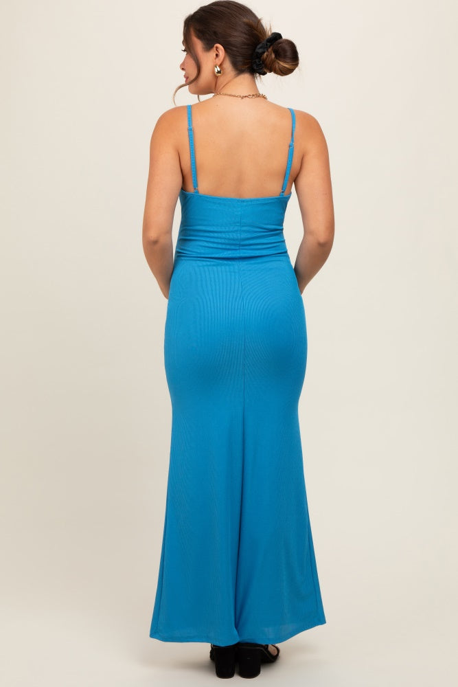 Aqua Ribbed Fitted Maternity Maxi Dress for Pregnancy - Comfortable Stretchy Long Nursing Dress for Women, Perfect for Baby Showers, Maternity Photos & Everyday Wear