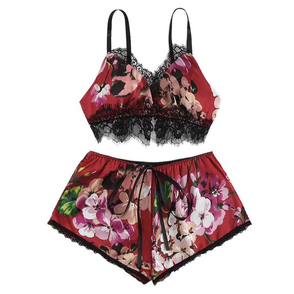 Sexy Lace & Satin Trim Floral Bow Babydoll Lingerie Set - Women's Romantic Sleepwear Pajamas for Valentine's Day & Honeymoon Nights