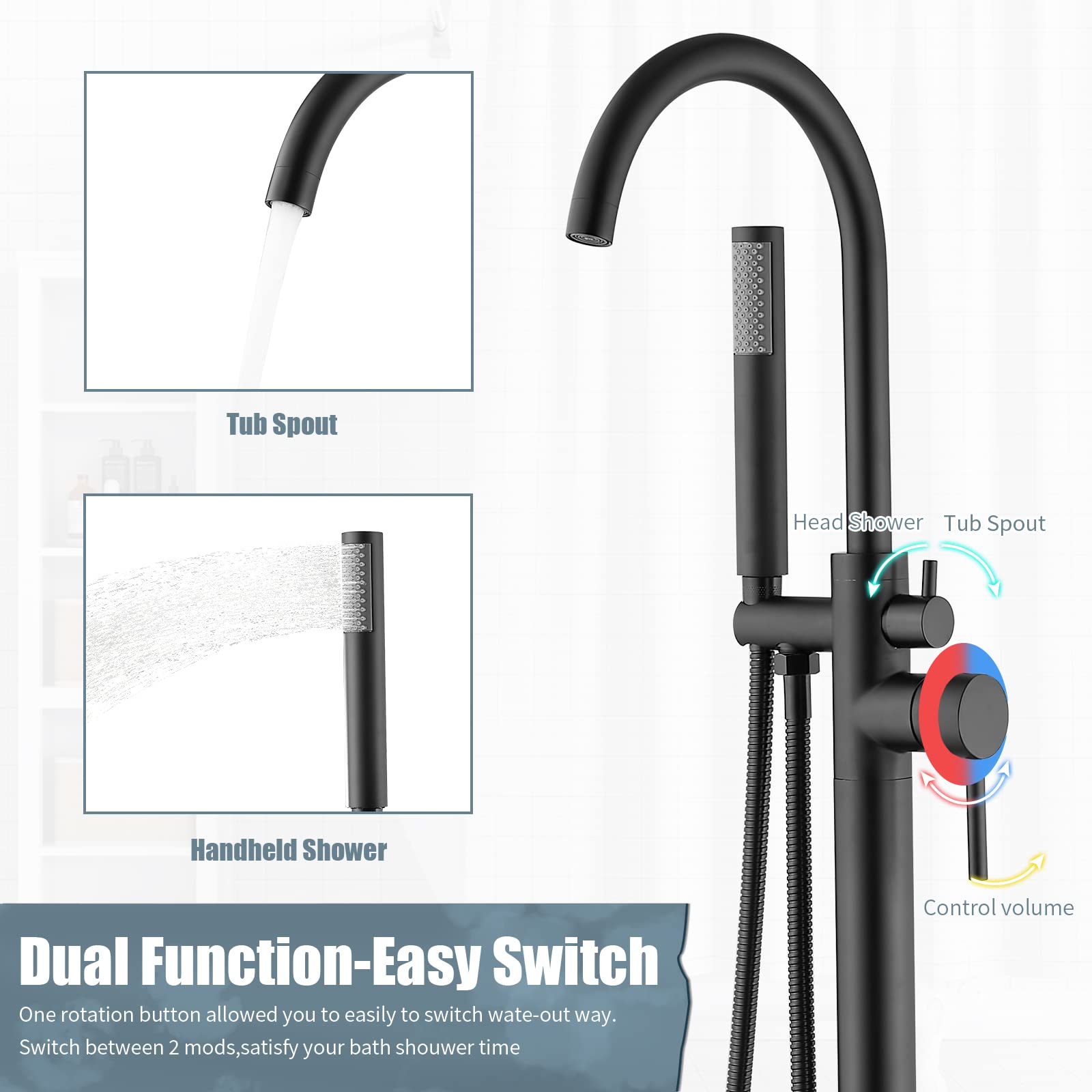 Black Freestanding Bathtub Faucet Set with 360° Swivel Spout & Handheld Shower - Farmhouse Style Tub Filler for Indoor/Outdoor Use - Perfect for Bathroom Renovation, Garden Showers, and Spa Relaxation
