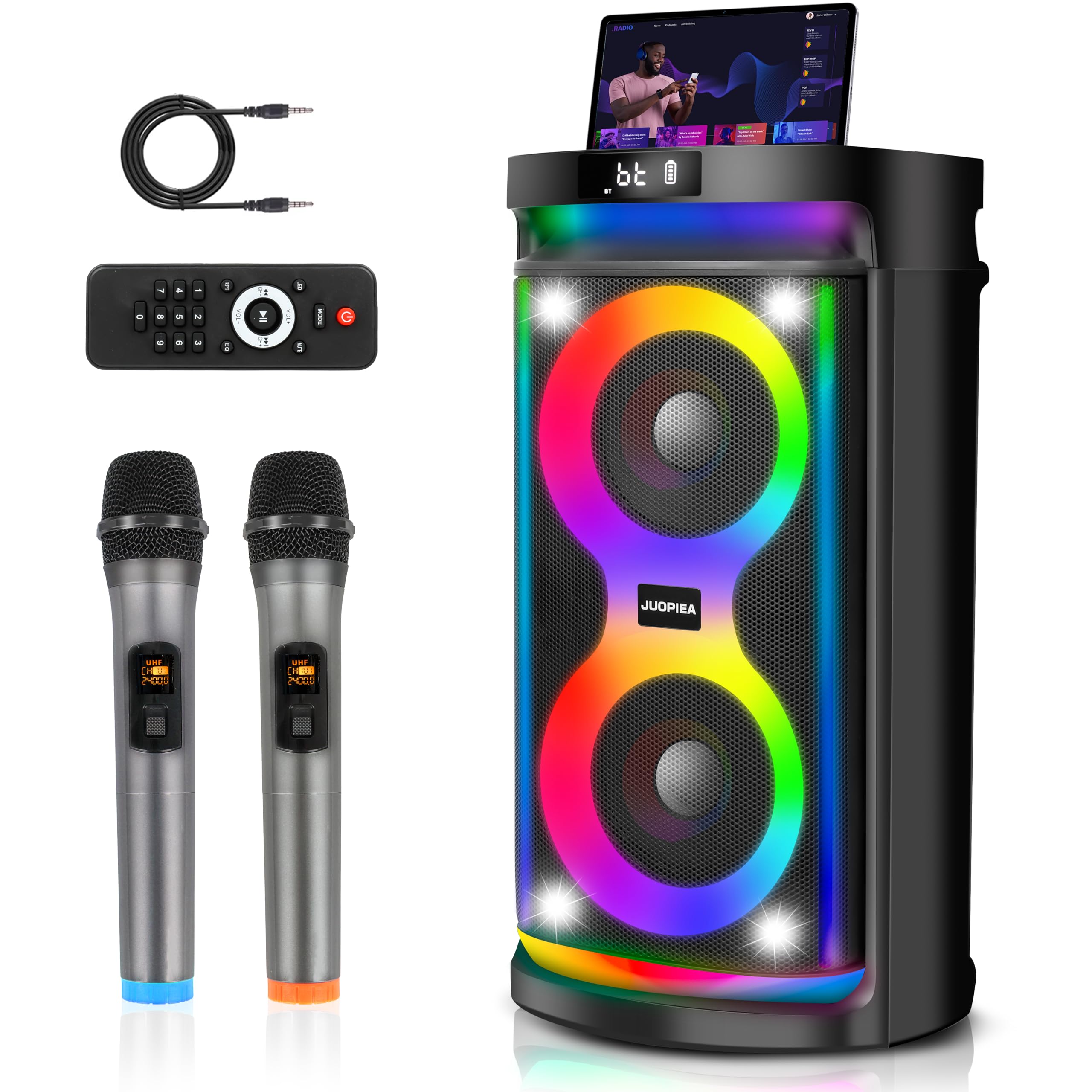 Portable Bluetooth Karaoke Machine for Adults - Dual 6.5-Inch Subwoofers, 2 Wireless Mics, Bass/Treble Control, LED Lights | TWS/USB/TF/REC/FM/AUX Support | Perfect for Home Parties, Outdoor Gatherings & Professional Singing Practice