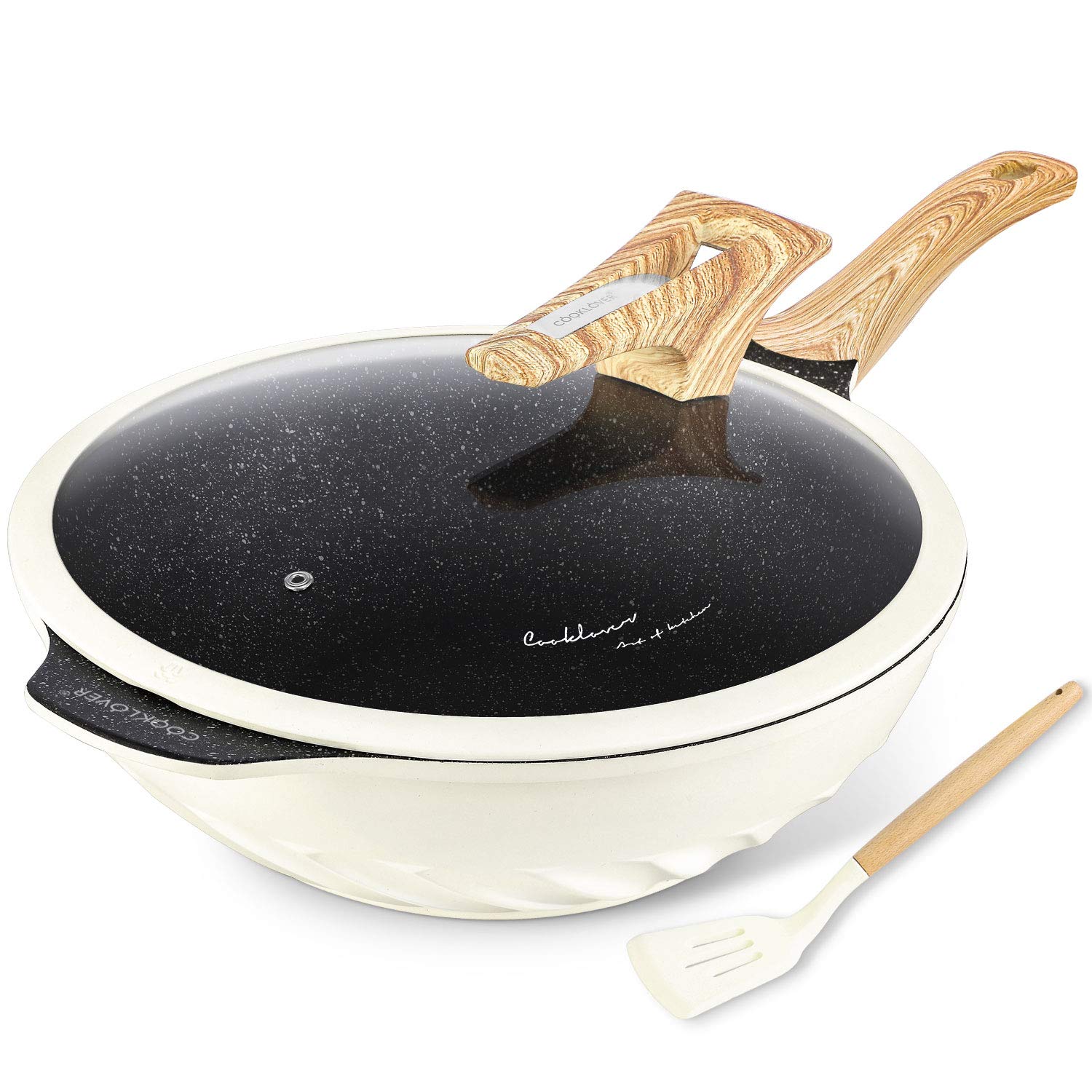 **COOKLOVER Nonstick Wok Pan 12.6 Inch - Die-Cast Aluminum, Scratch Resistant, PFOA-Free, Induction Compatible with Glass Lid - Cream White - Perfect for Stir-Fry, Sauteing & Asian Cooking**