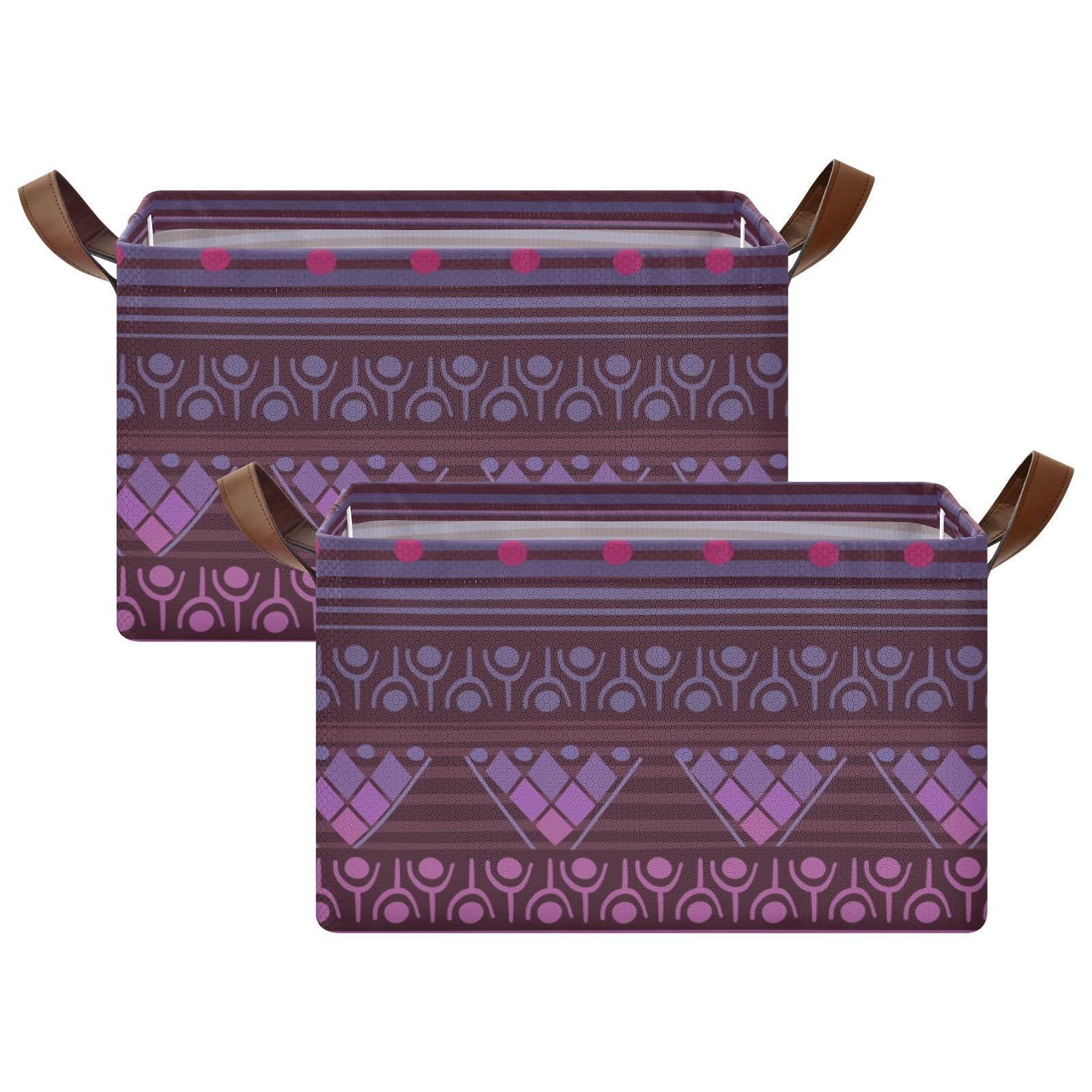 Yuiboo Decorative Shelf Baskets - 2 Pack Boho Fabric Storage Bins with Handles, Ethnic Purple Closet Organizers for Bedroom, Bathroom & Living Room Storage Solutions