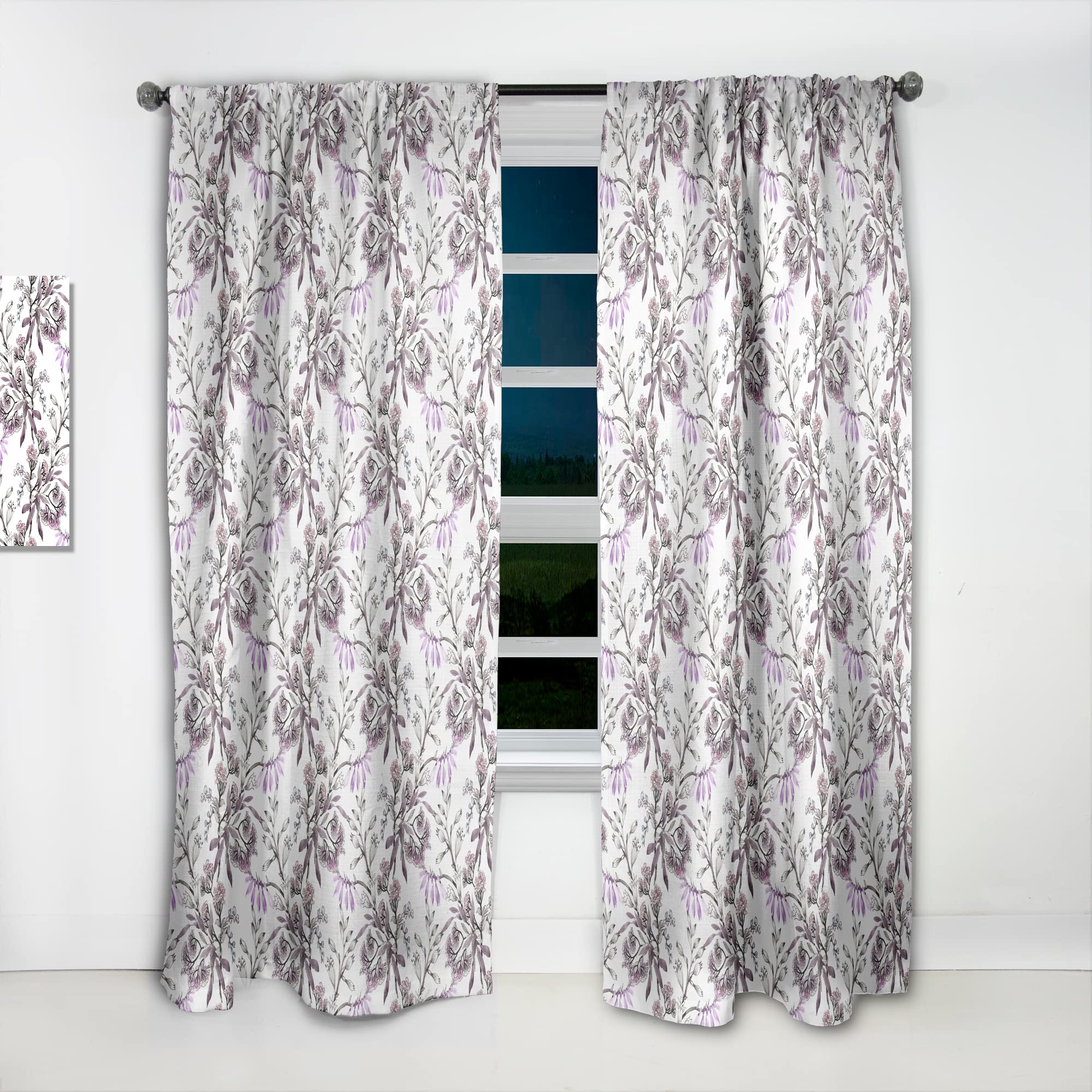 Hand Drawn Purple Flowers Thermal Insulated Curtains - 52x120 Single Panel for Bedroom & Living Room - Elegant Home Decor for Windows, Perfect for Privacy & Light Control