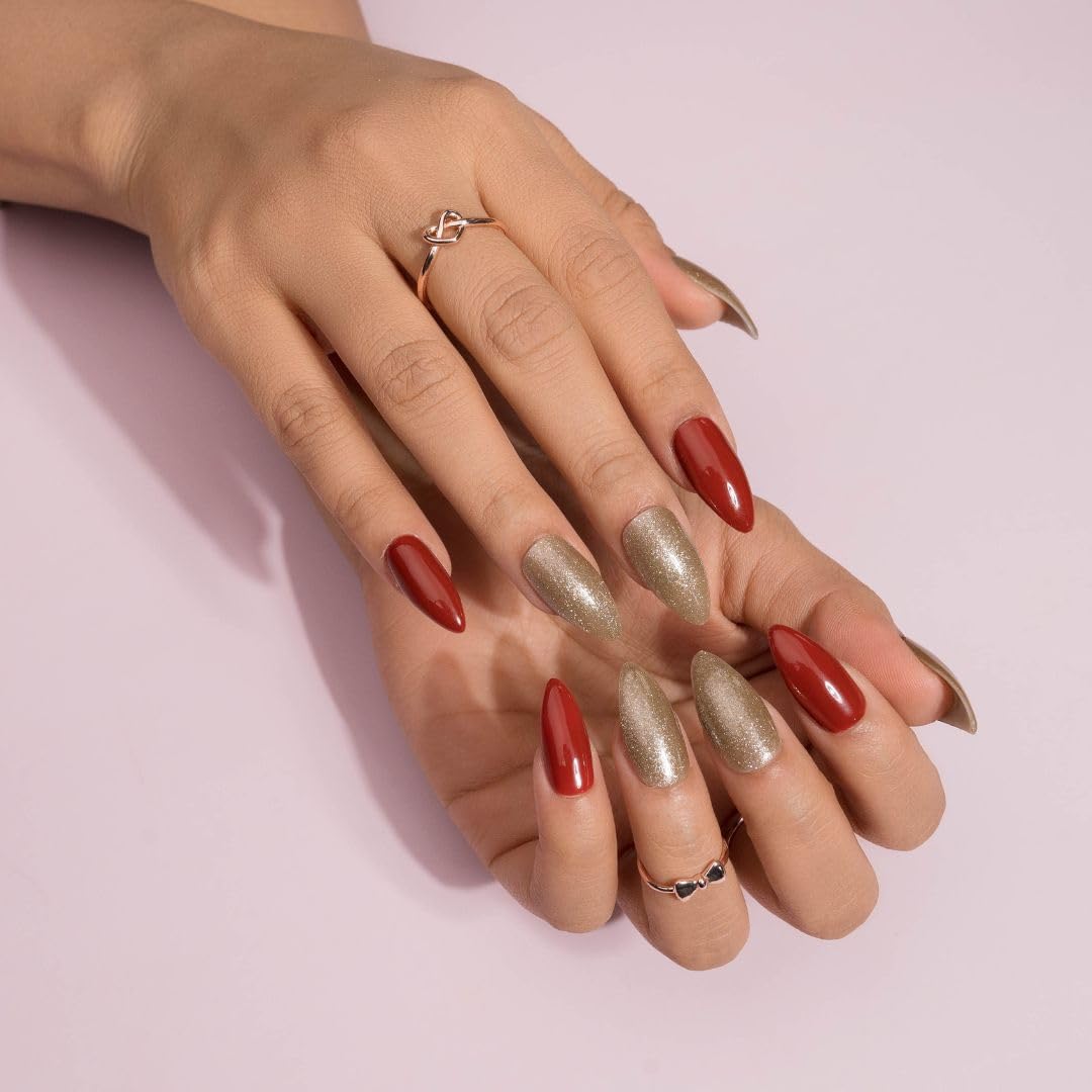 Premium Fake Press-On Nails Set - 20pcs Red & Gold Reusable Full Cover Stick-On Nails with UV Gel Polish - Easy to Apply, Affordable & Time-Saving Artificial Nail Extensions for Parties, Weddings, Date Nights & Special Occasions