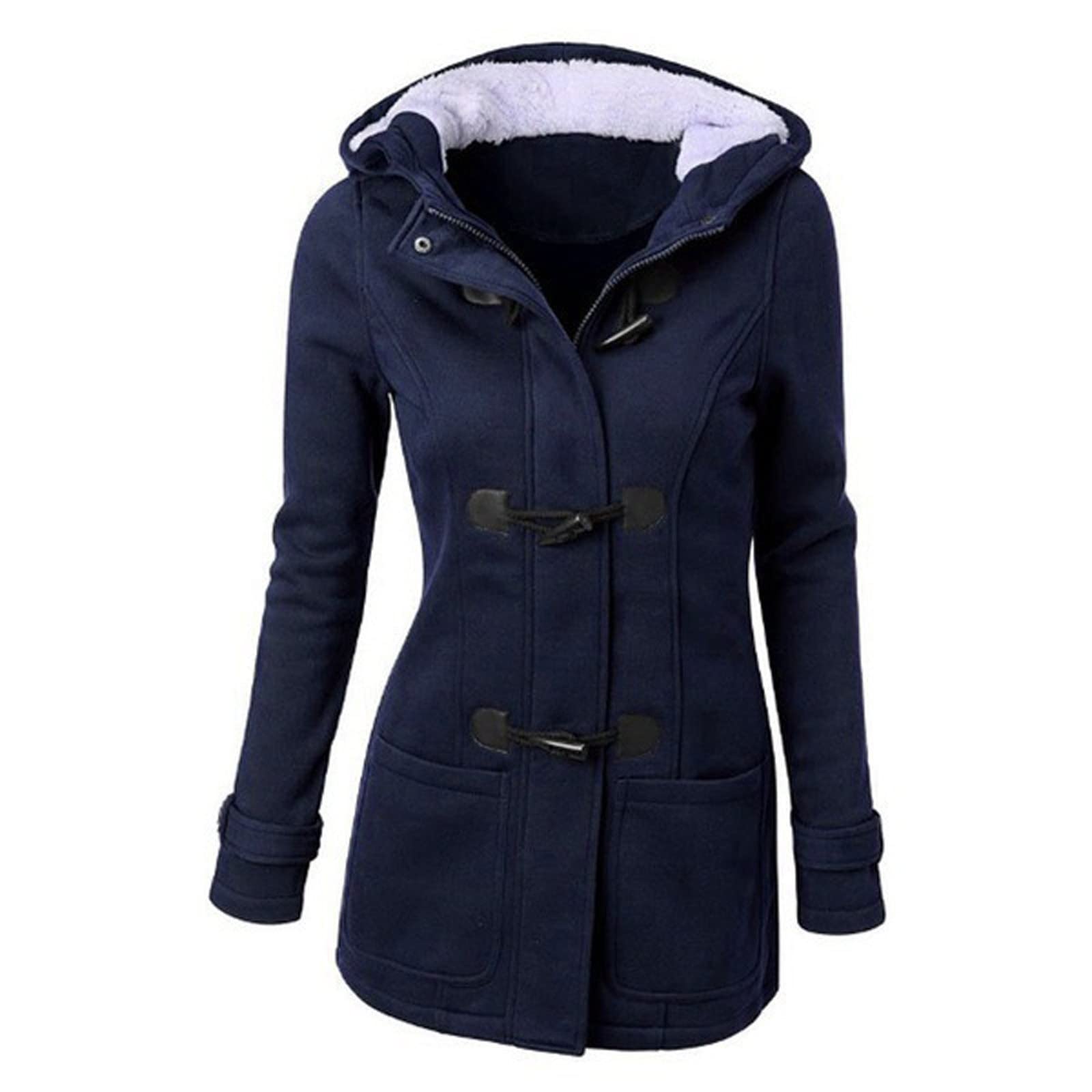 Women's Winter Warm Fleece Hooded Jacket with Horn Buttons - Thickened Solid Coat for Cold Weather | Outdoor Activities, Casual Wear & Daily Fashion