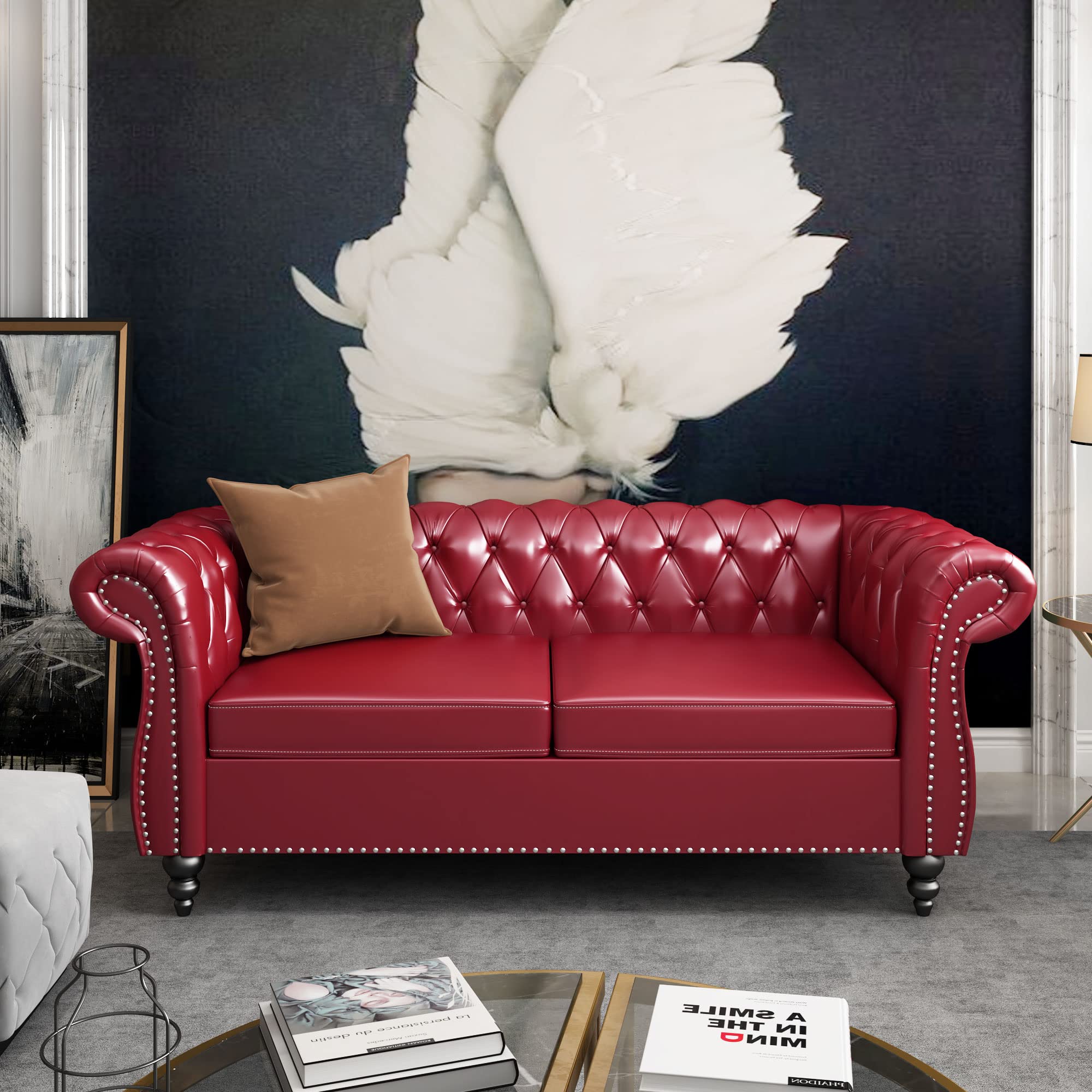 2-Piece Chesterfield Leather Living Room Set - Burgundy Sofa & Chair with Scroll Arms & Nailhead Trim for Home, Office & Lounge Spaces