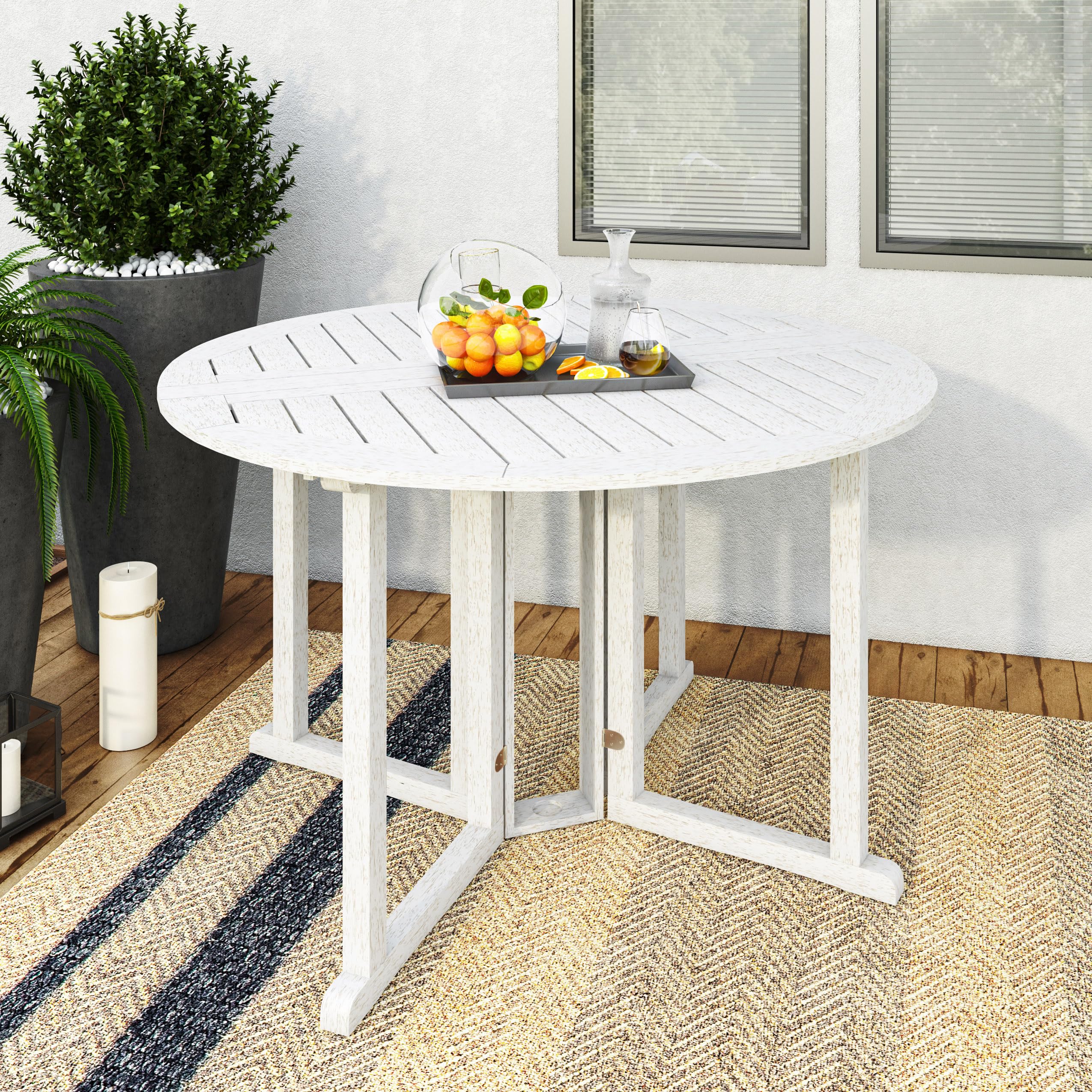 CorLiving Miramar White Washed Solid Wood Outdoor Round Drop Leaf Dining Table - Patio, Garden, Deck Furniture for Small Spaces - Perfect for Outdoor Entertaining and Dining Al Fresco