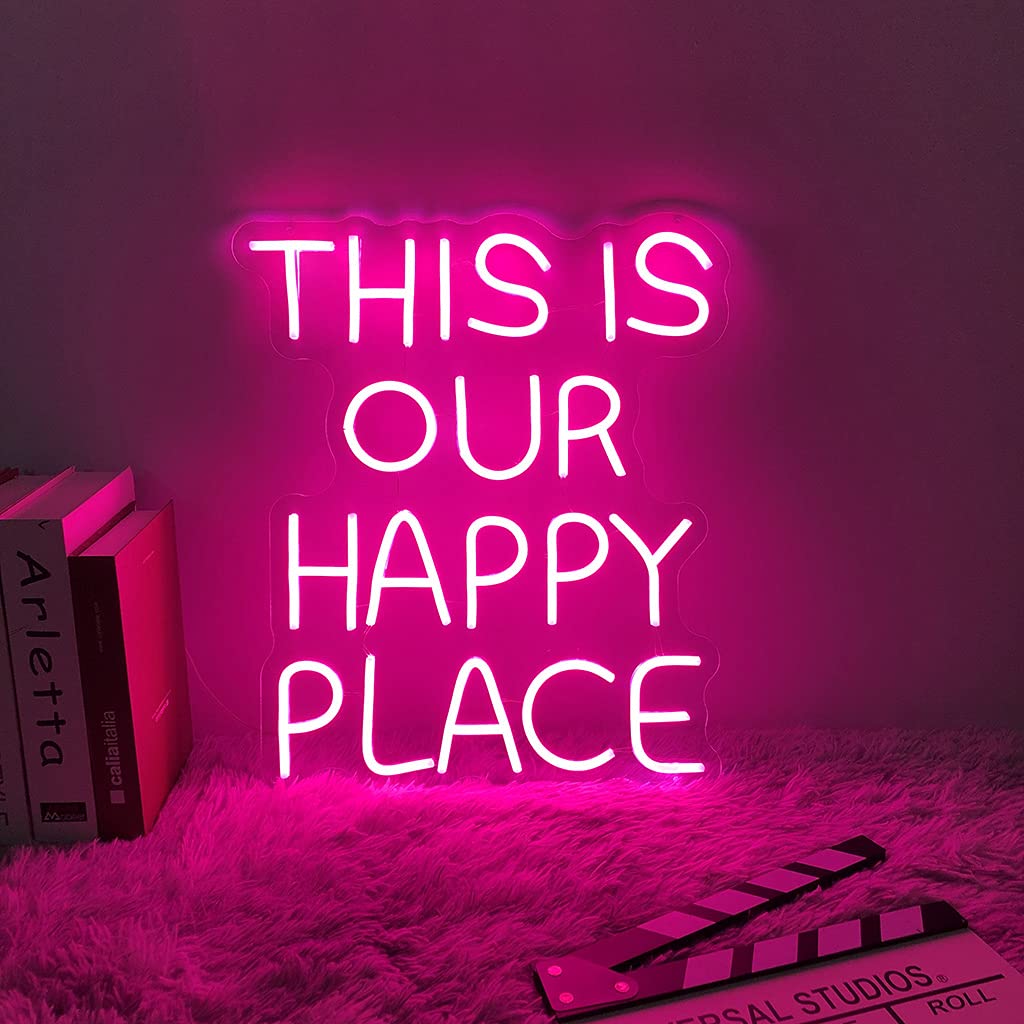 Custom Neon Signs for Wall Decor - THIS IS OUR HAPPY PLACE Sign | Perfect for Bachelorette Party, Engagement Party, First Birthday Favors, Home Decor, Shop Wall Decorations, Christmas & Birthday Gifts (19.7x16.5 Inches) | Ideal for Bedroom, Living Room, Wedding Venue & Retail Store Lighting