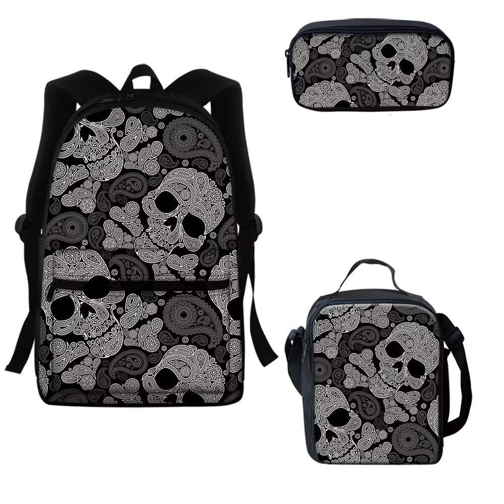 FKELYI Mandala Floral Boho Kids Backpack for Girls & Boys - Adjustable Shoulder Bookbag with Sugar Skull Design - Perfect for School, Travel & Daily Use - Includes Lunch Box & Pencil Case Compartments