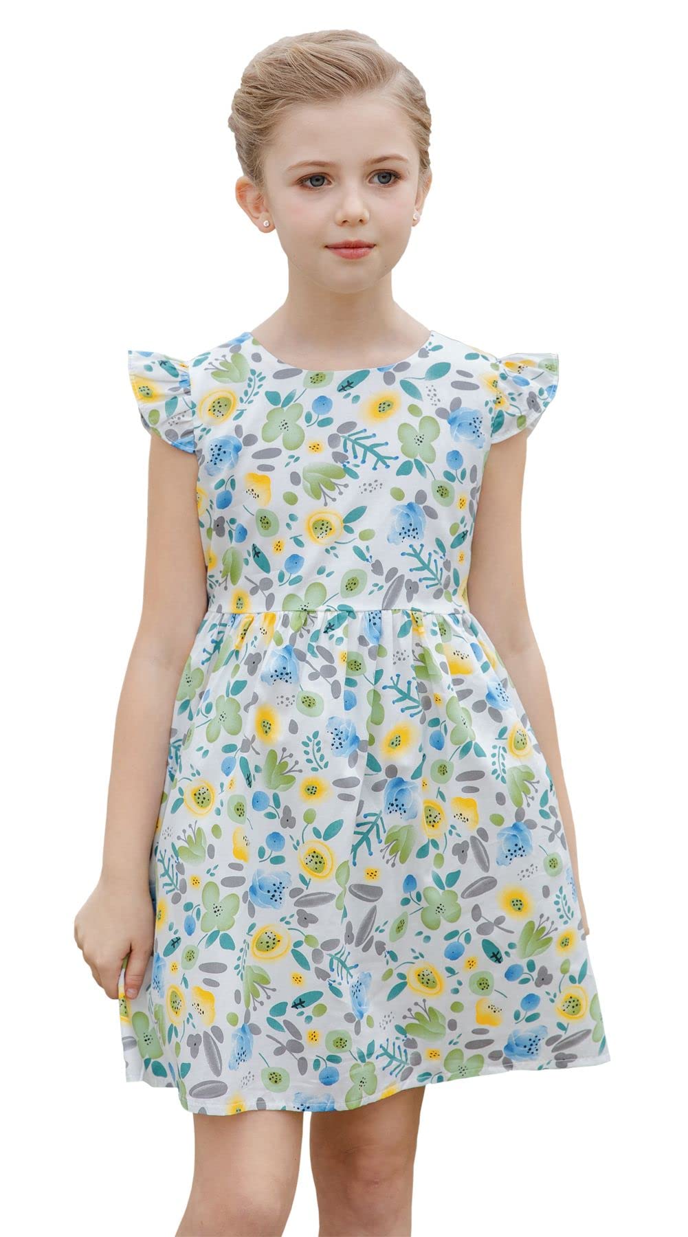 SMILING PINKER Girls Summer Dress - Cotton Ruffle Sleeve Floral Print Party Dress for Toddler & Kids - Perfect for Birthday Parties, Beach Outings & Family Photos