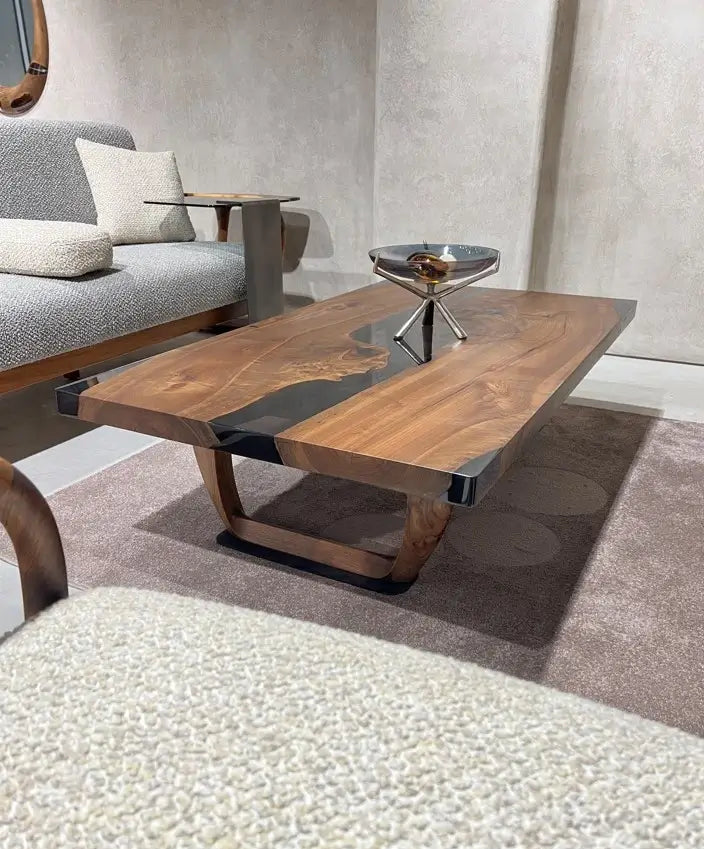 Modern Smoked Gray Resin Coffee Table with Solid Walnut Wood Legs - Stylish & Durable Living Room Furniture for Home Decor