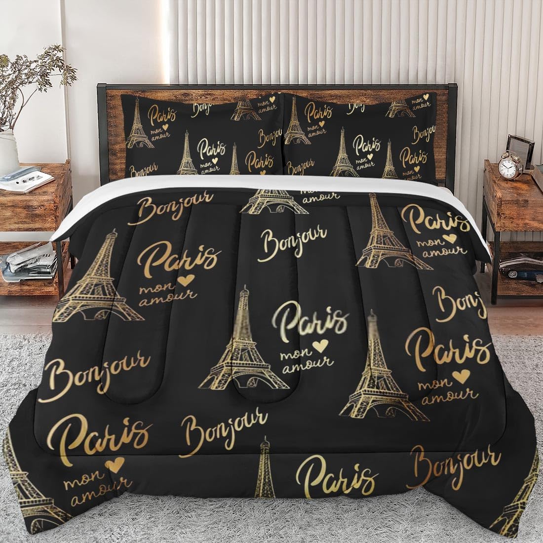 Full Size Comforter Set - Vintage Eiffel Tower Gold Paris Bedding for Kids & Adults, Soft 3-Piece Set with 2 Pillowcases | Perfect for Bedroom Decor, Guest Room & Paris-Themed Home Styling