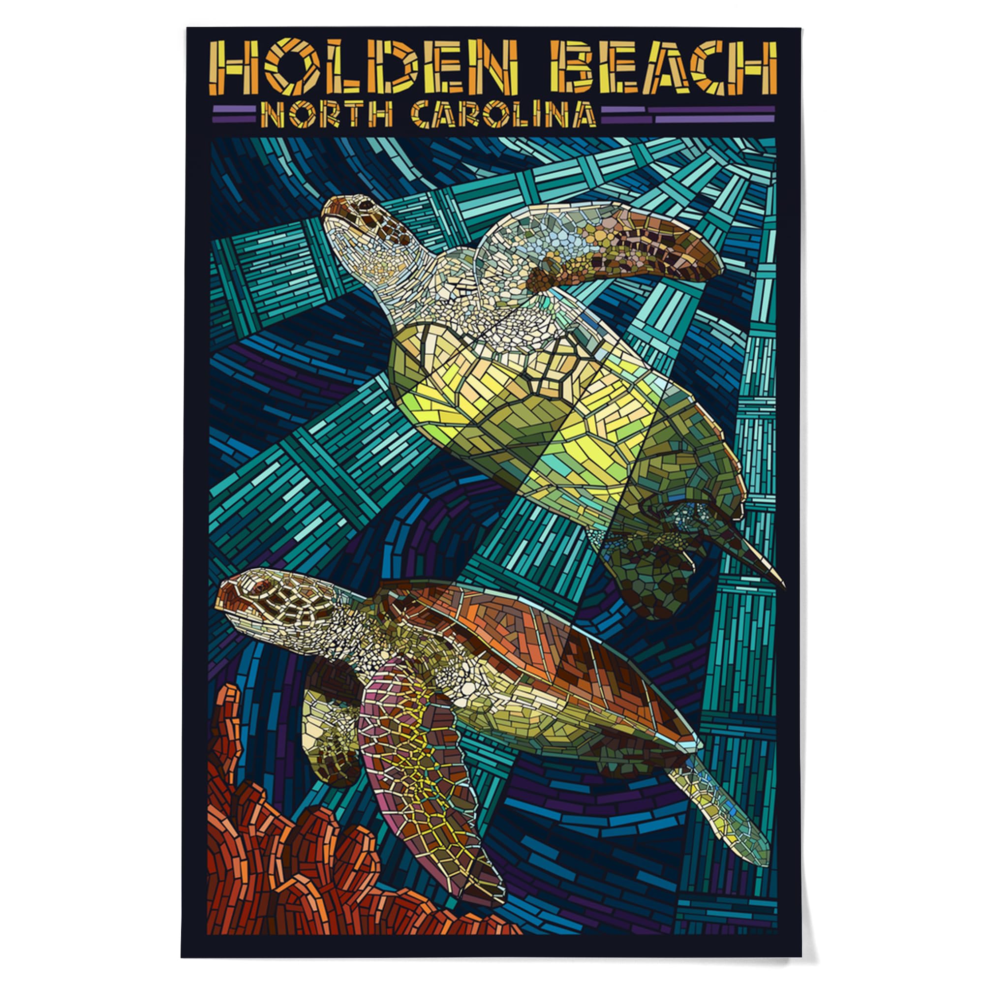 Lantern Press 36x54 Inch Giclee Art Print - Holden Beach North Carolina Sea Turtle Mosaic Wall Decor | Perfect for Coastal Living Rooms, Beach House Bedrooms & Ocean-Themed Offices