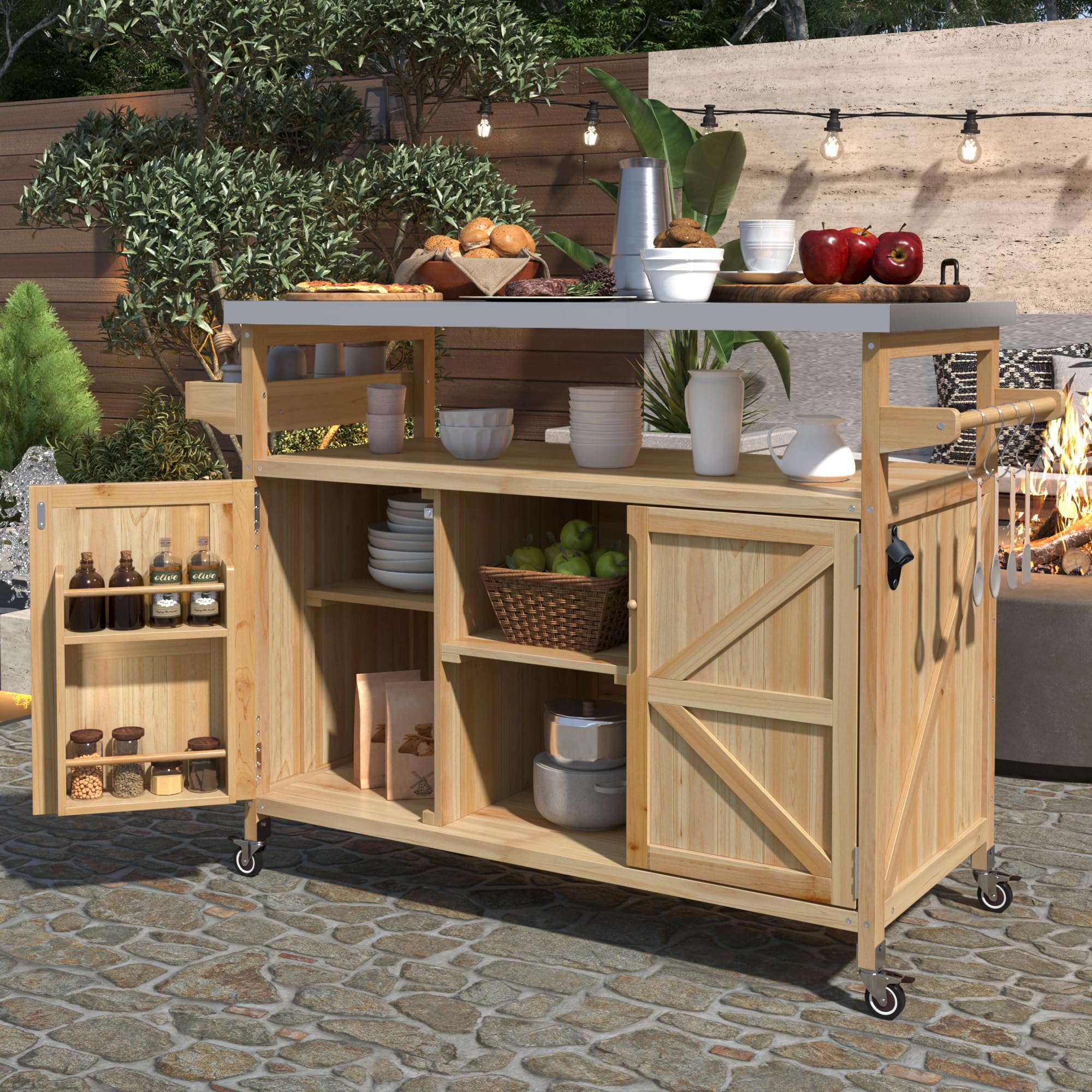 Premium Outdoor Kitchen Island with Wheels - Farmhouse Style Solid Wood BBQ Grill Cart with Stainless Steel Top, Storage Cabinet, Spice Rack & Towel Hooks - Perfect for Backyard Cooking, Patio Entertaining & Outdoor Dining (Natural Wood Finish)